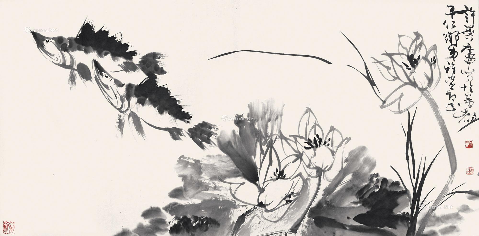 0403荷花鳜鱼镜心水墨纸本