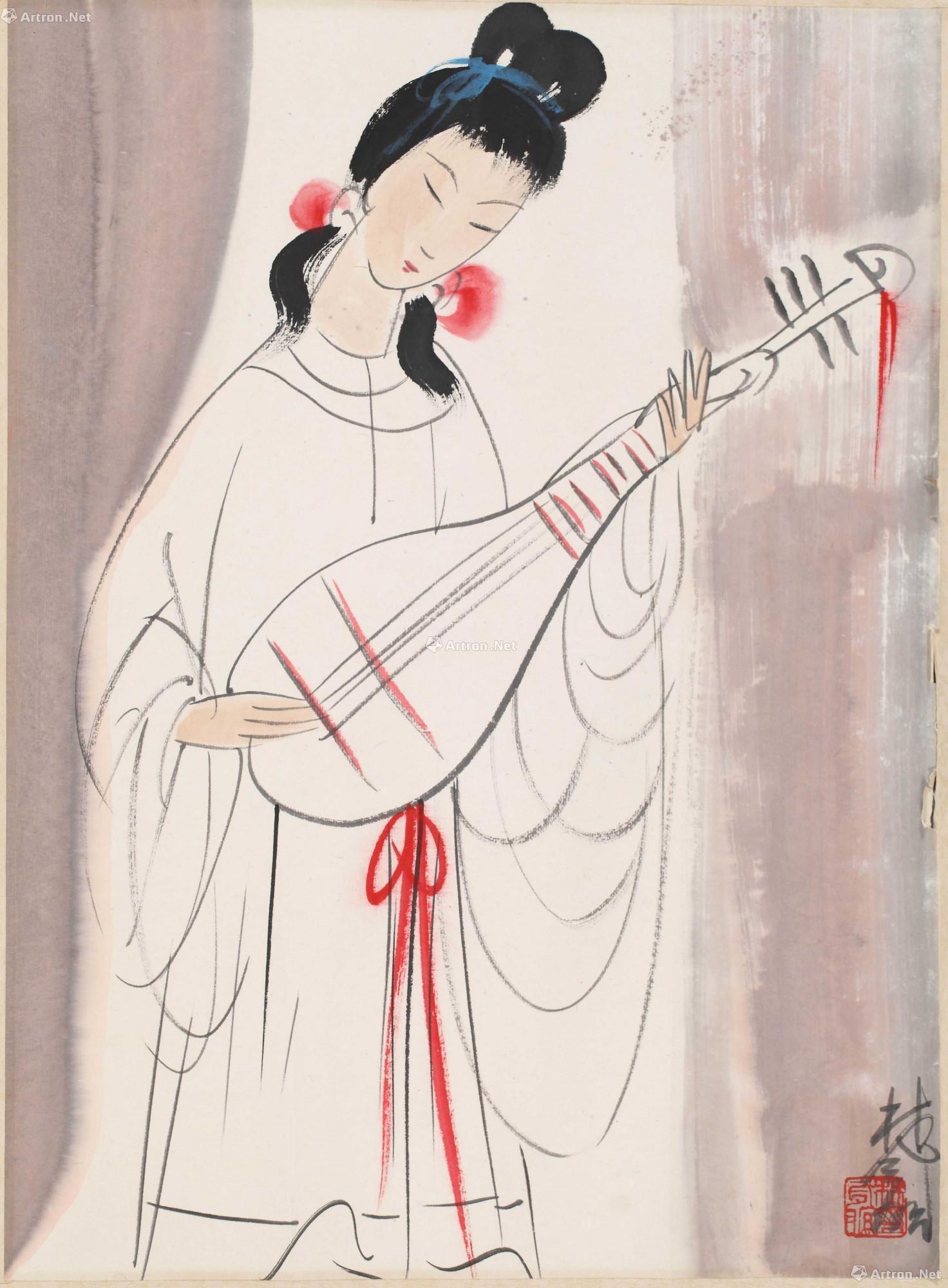 0037 当代 琵琶仕女 镜心(片) 水墨纸本