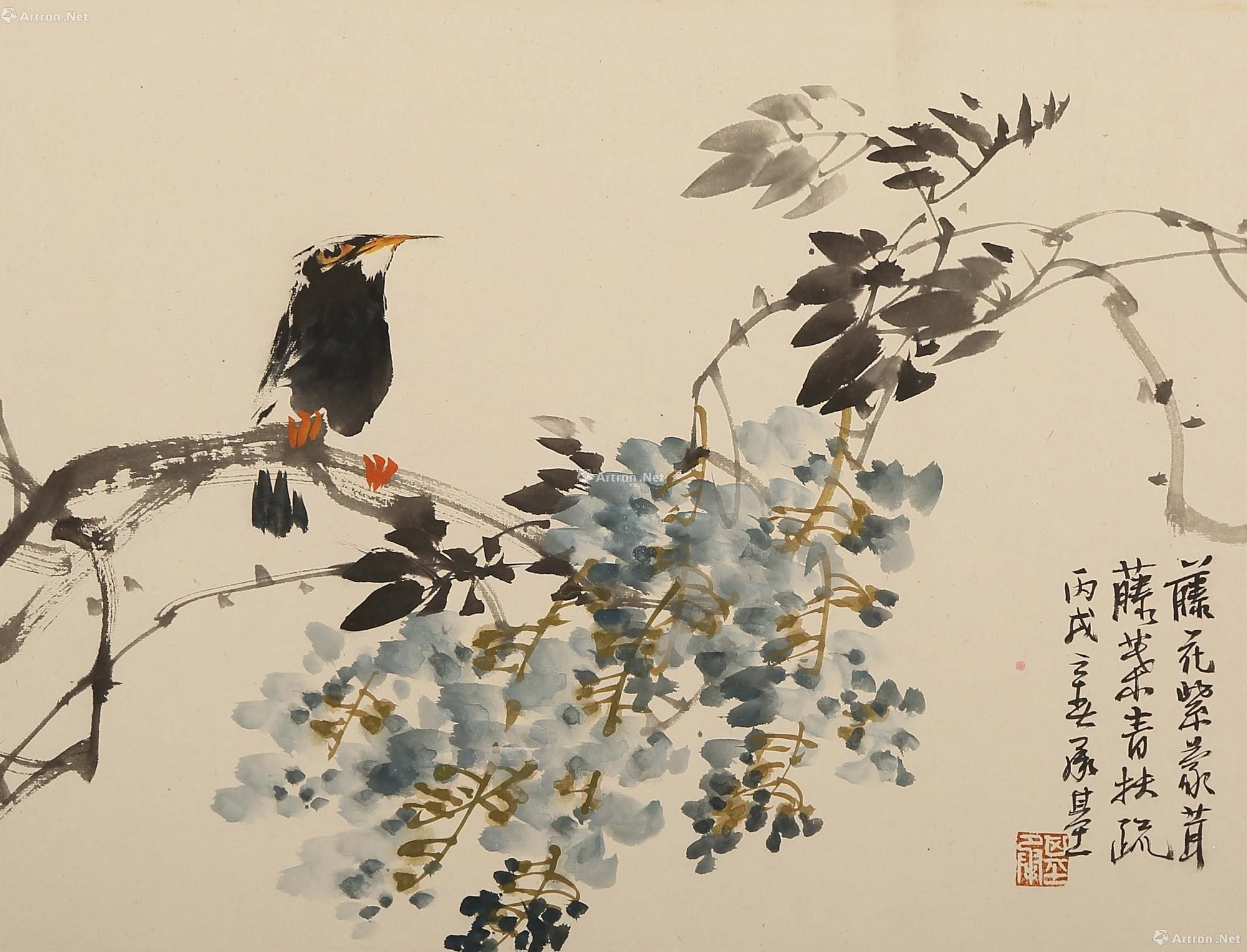 0383 紫藤八哥 镜片 设色纸本