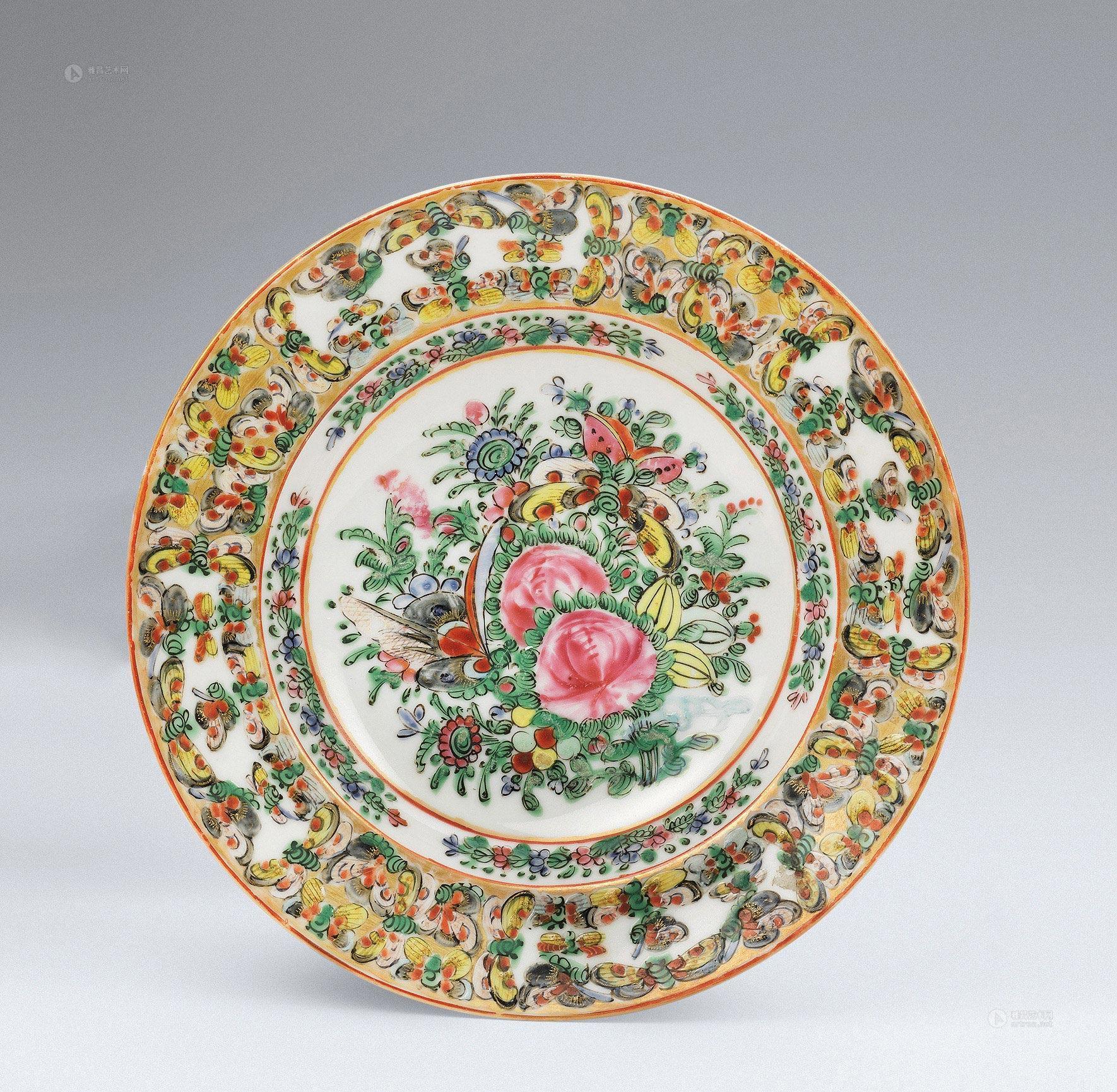0168清代广彩描金花卉折沿盘