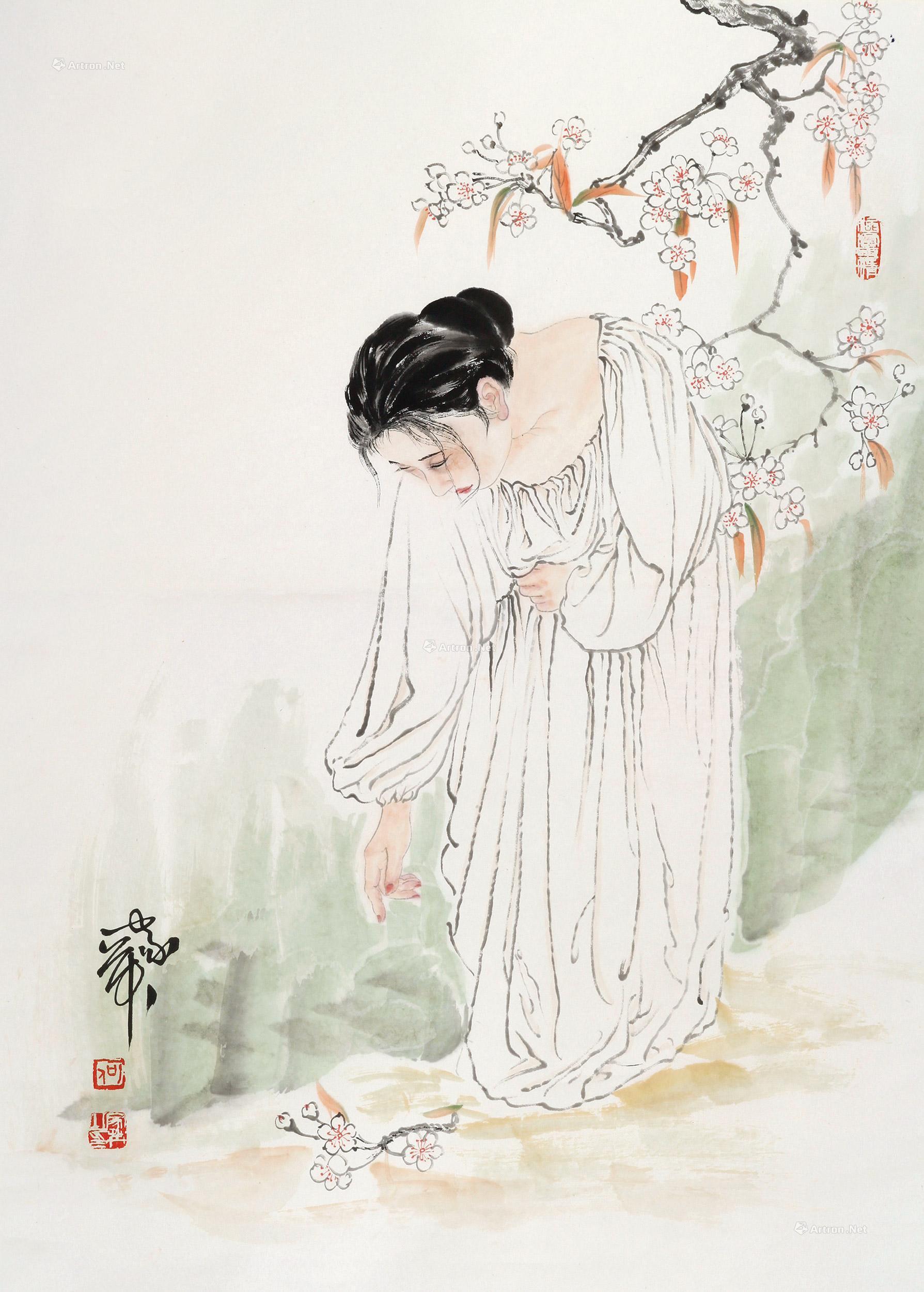 2085美女赏花图立轴纸本