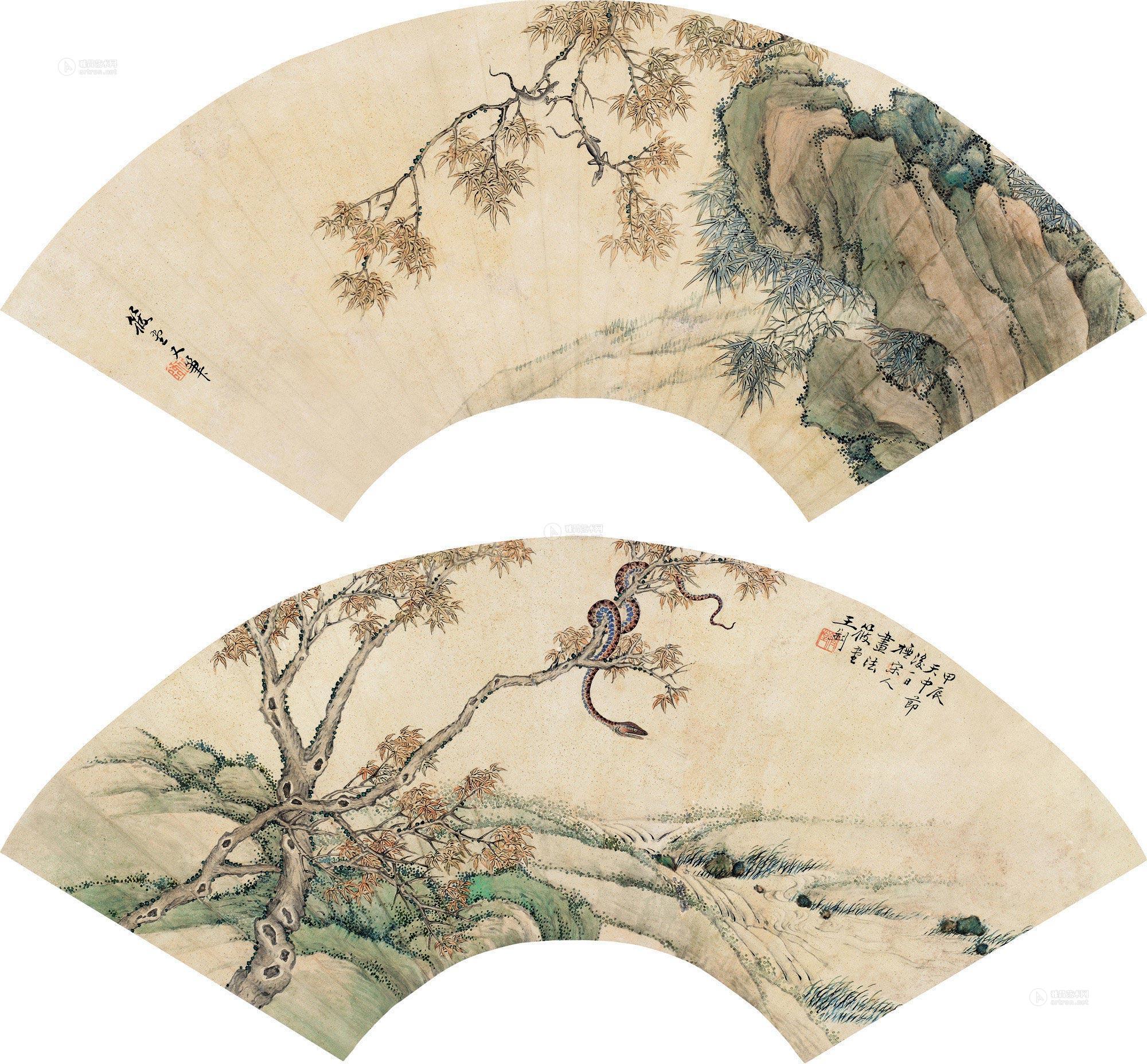 0713甲辰1904年作五瑞图二幅扇片设色纸本