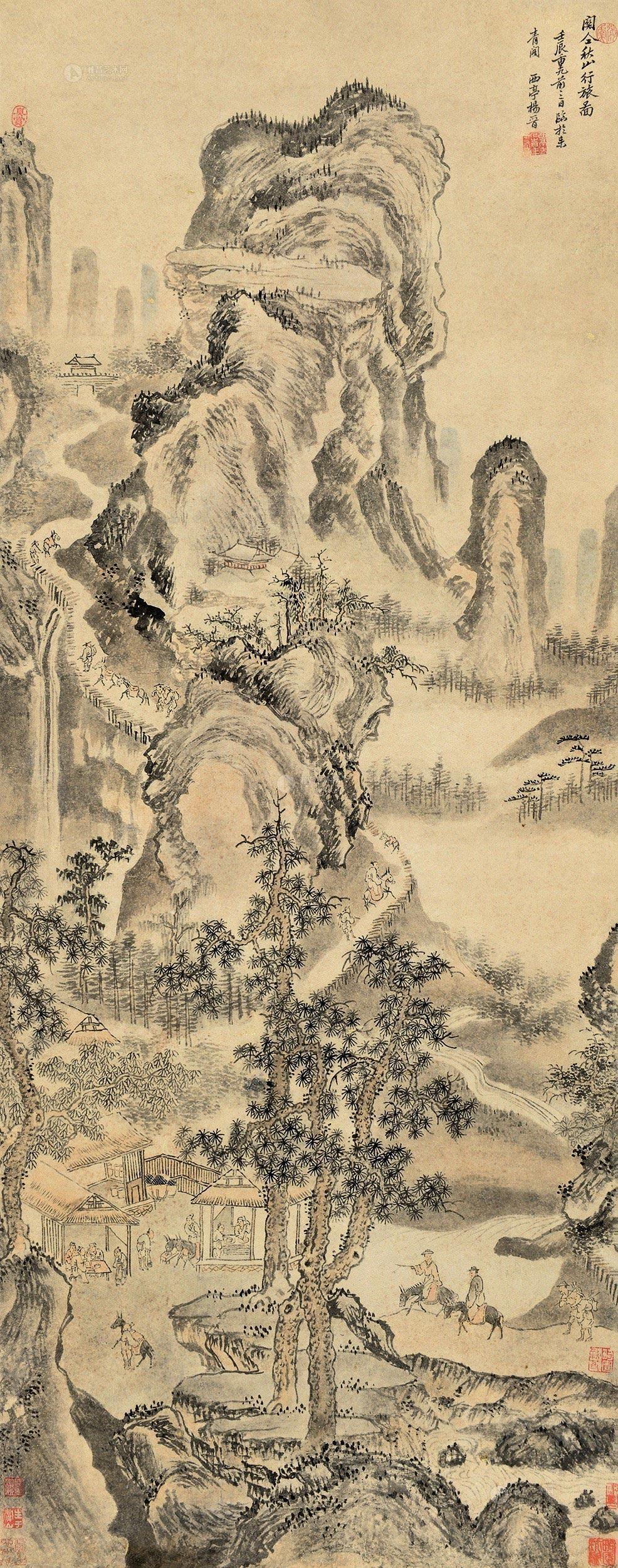 0824壬辰1712年作秋山行旅立轴设色纸本