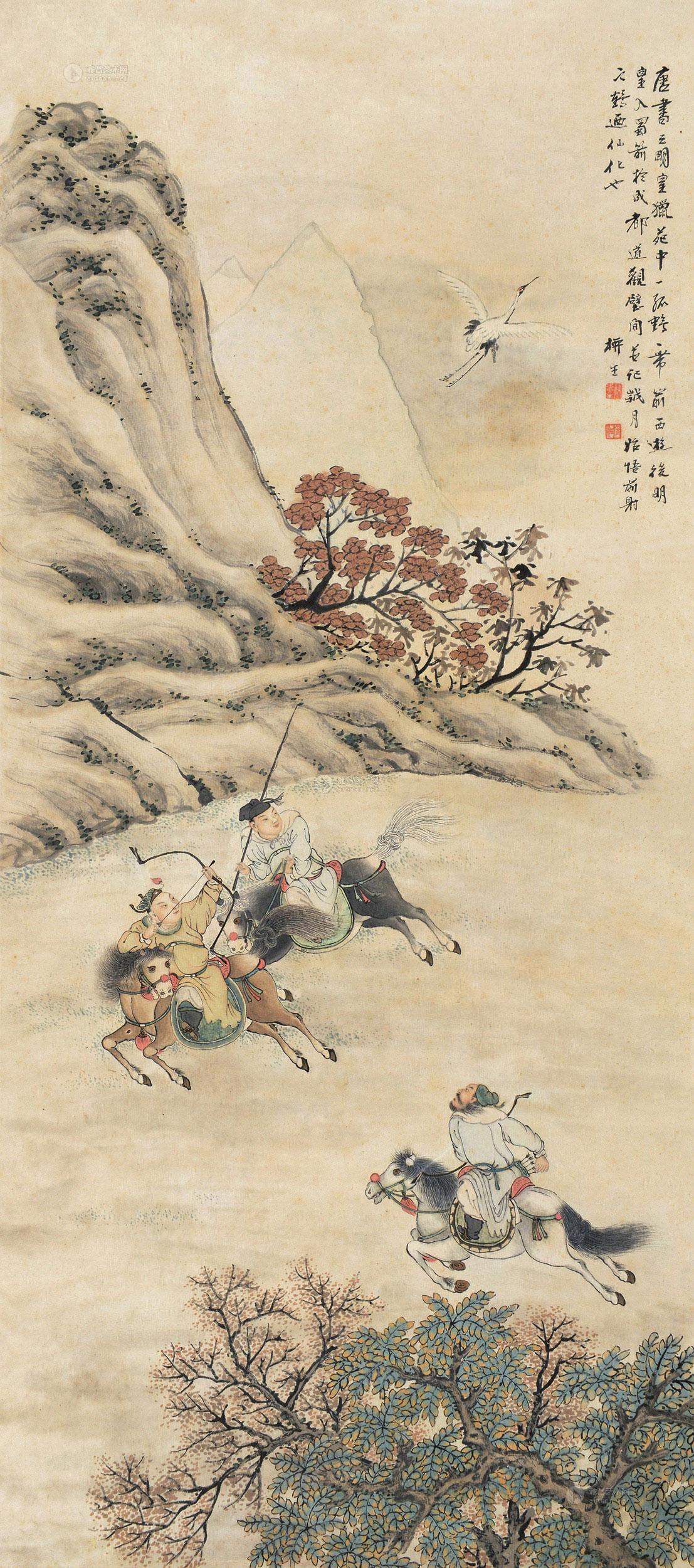 0830行猎图镜片设色纸本