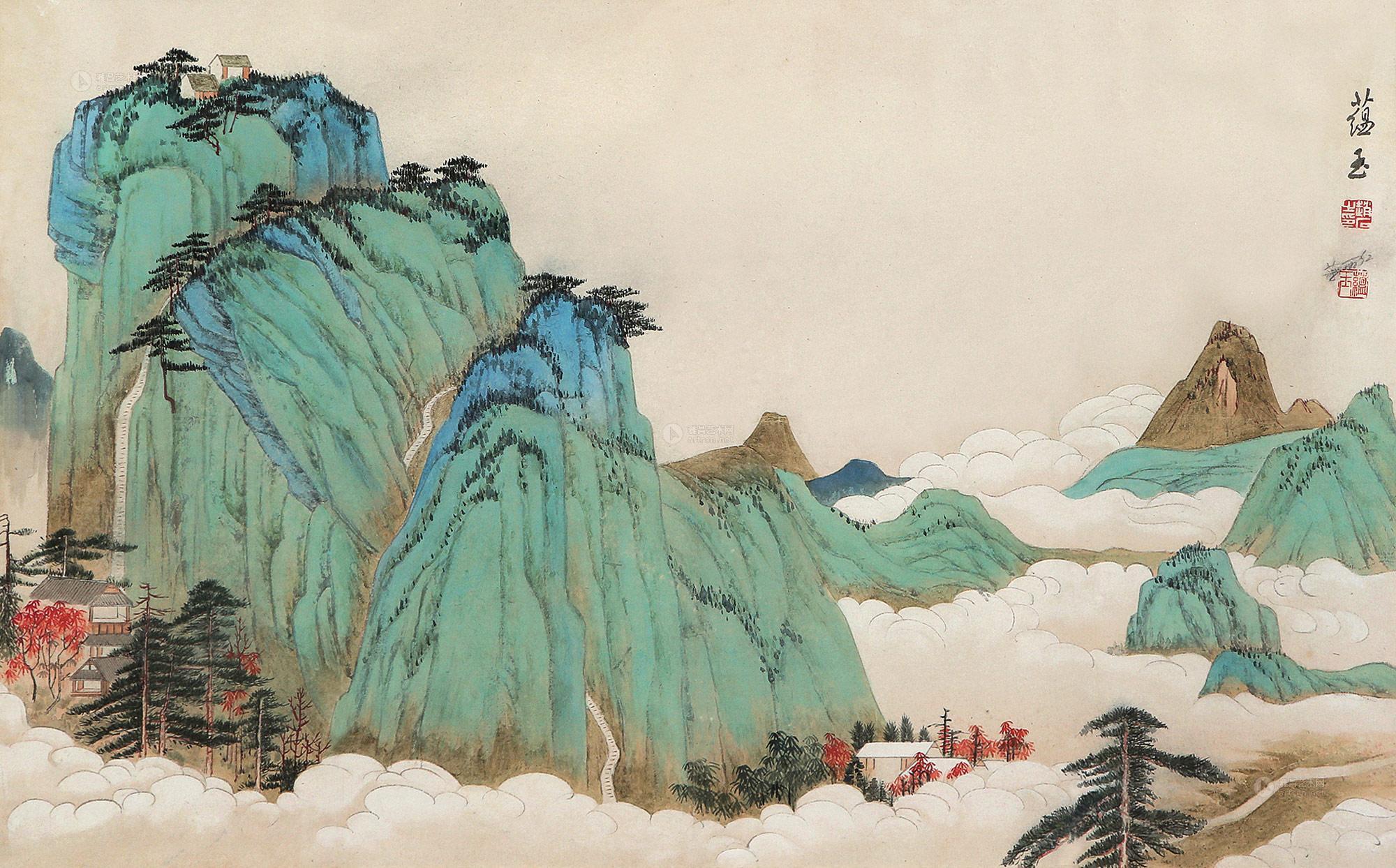 0061 青绿山水 镜框 设色纸本