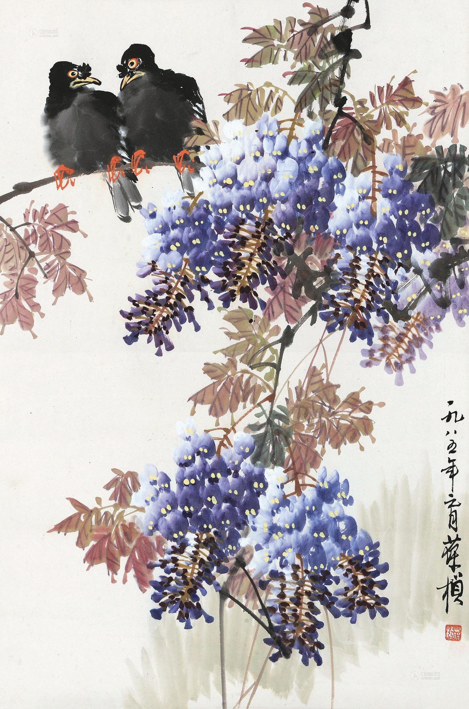 0077 1985年作 紫藤小鸡 立轴 设色纸本