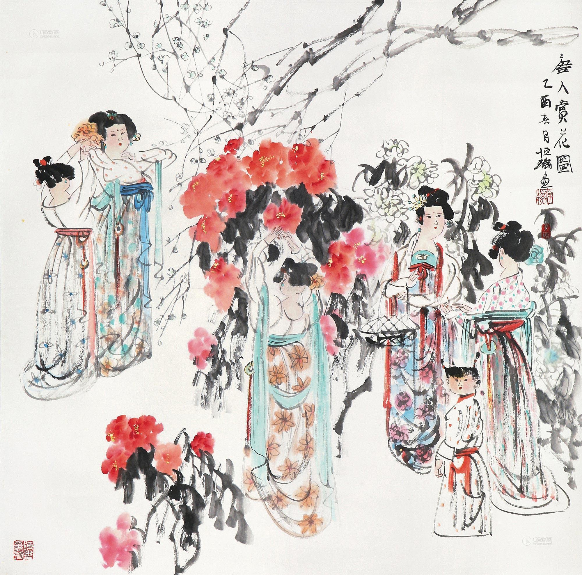 0161 2005年作 唐人赏花图 立轴 设色纸本