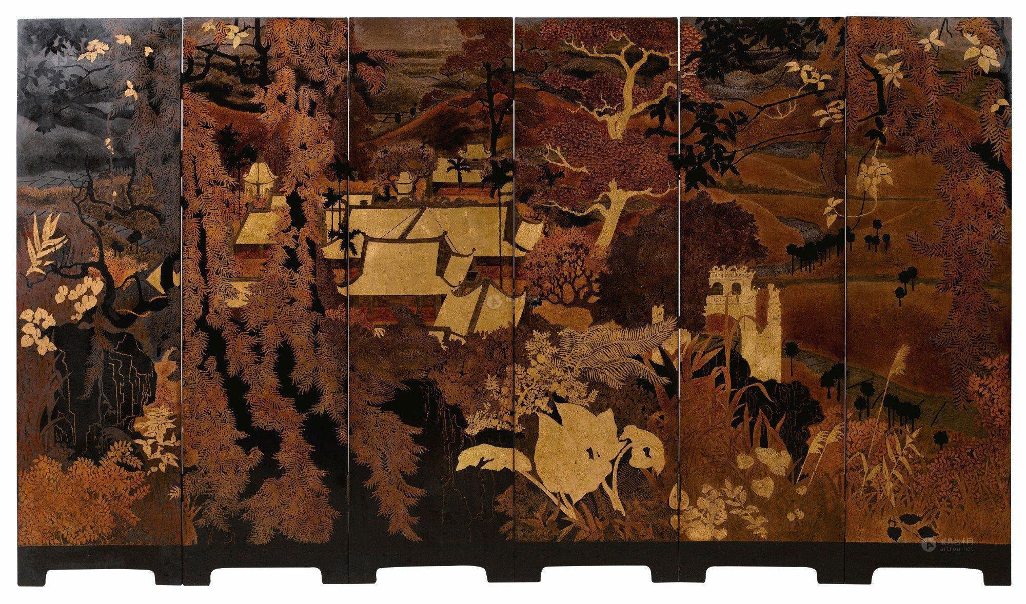 0319 约1934年作 越南北部古老佛塔 漆画木板