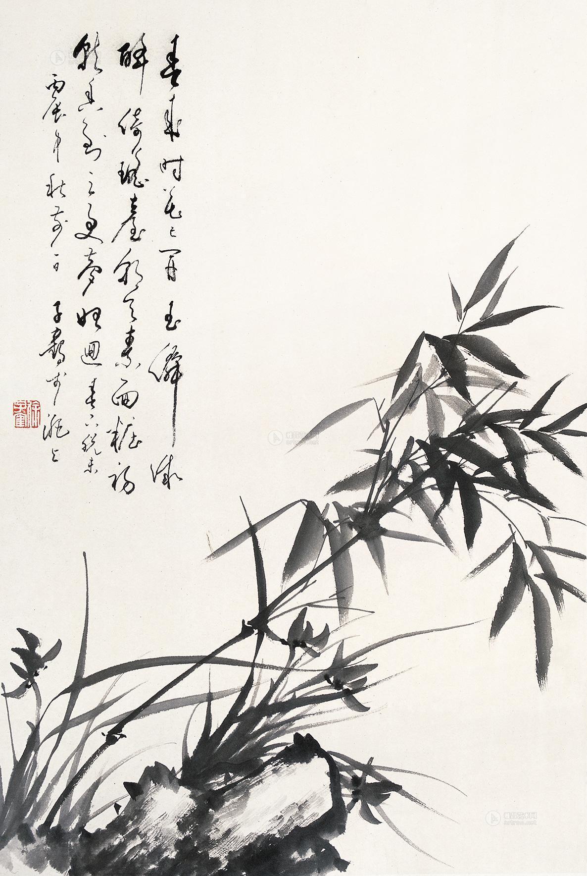 0434 1976年作 竹石兰花 镜框