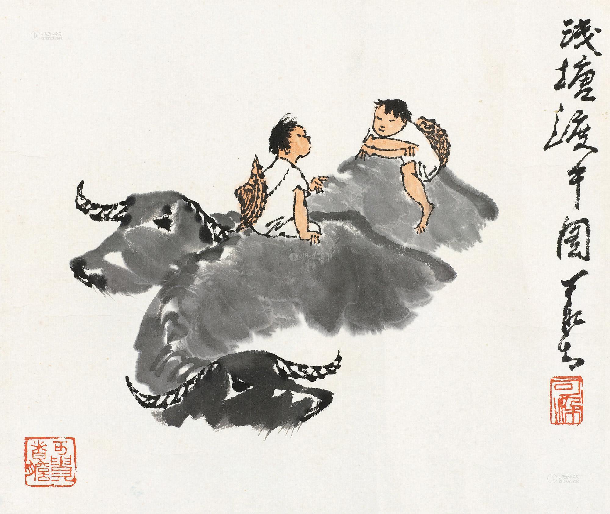 【浅塘渡牛图 镜心 设色纸本】拍卖品_图片_价格_鉴赏_绘画_雅昌艺术