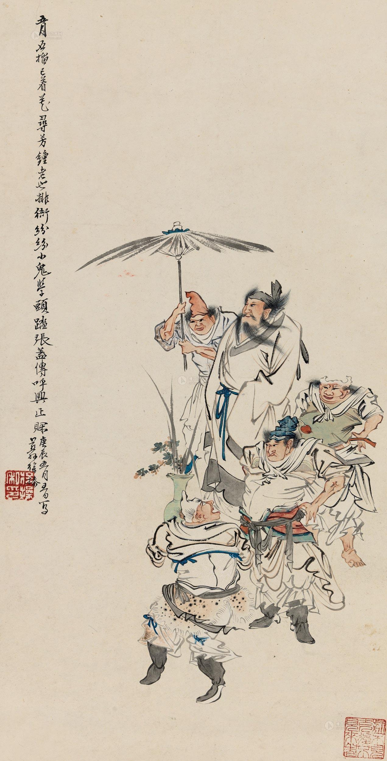 1655 庚辰(1940年)作 钟馗出游图 立轴 设色纸本