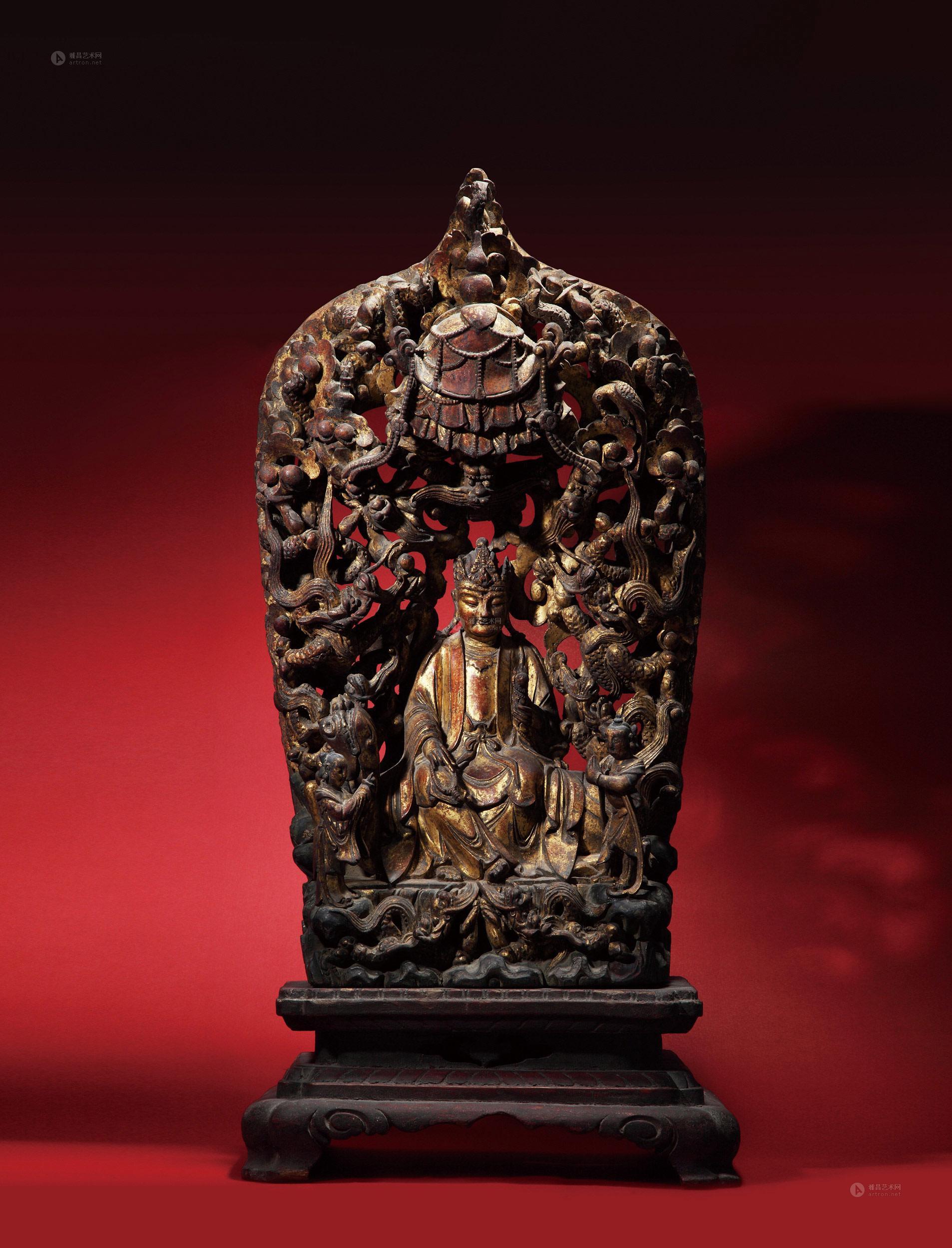 0733明木雕漆金彩镂空九龙观音坐像