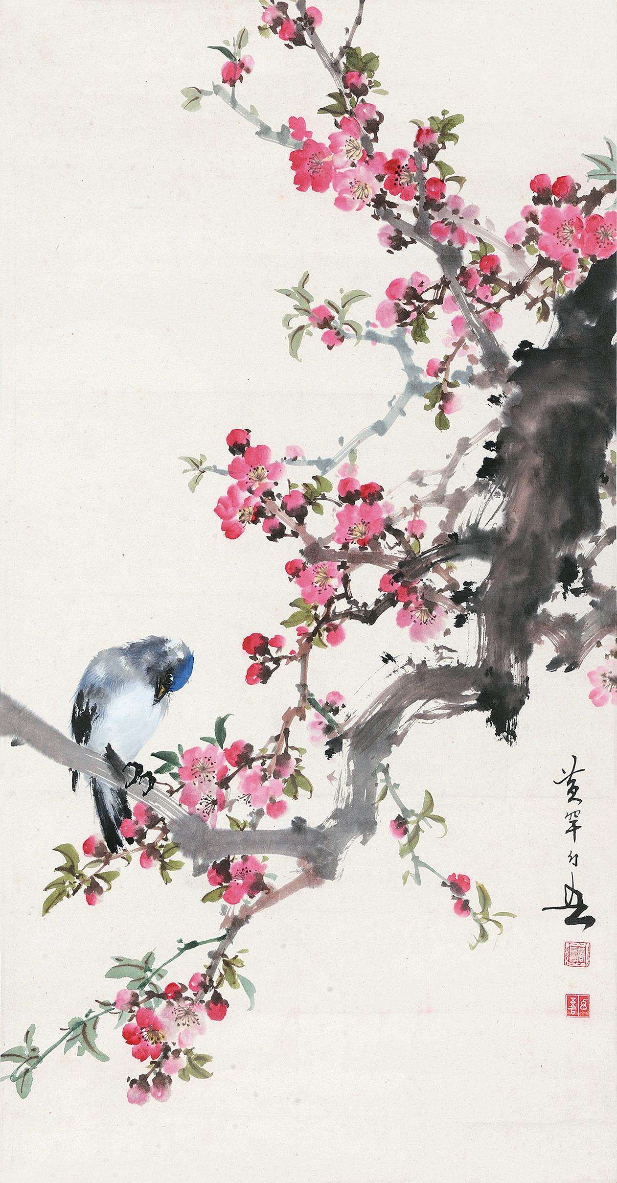 1840桃花雀鸟立轴设色纸本