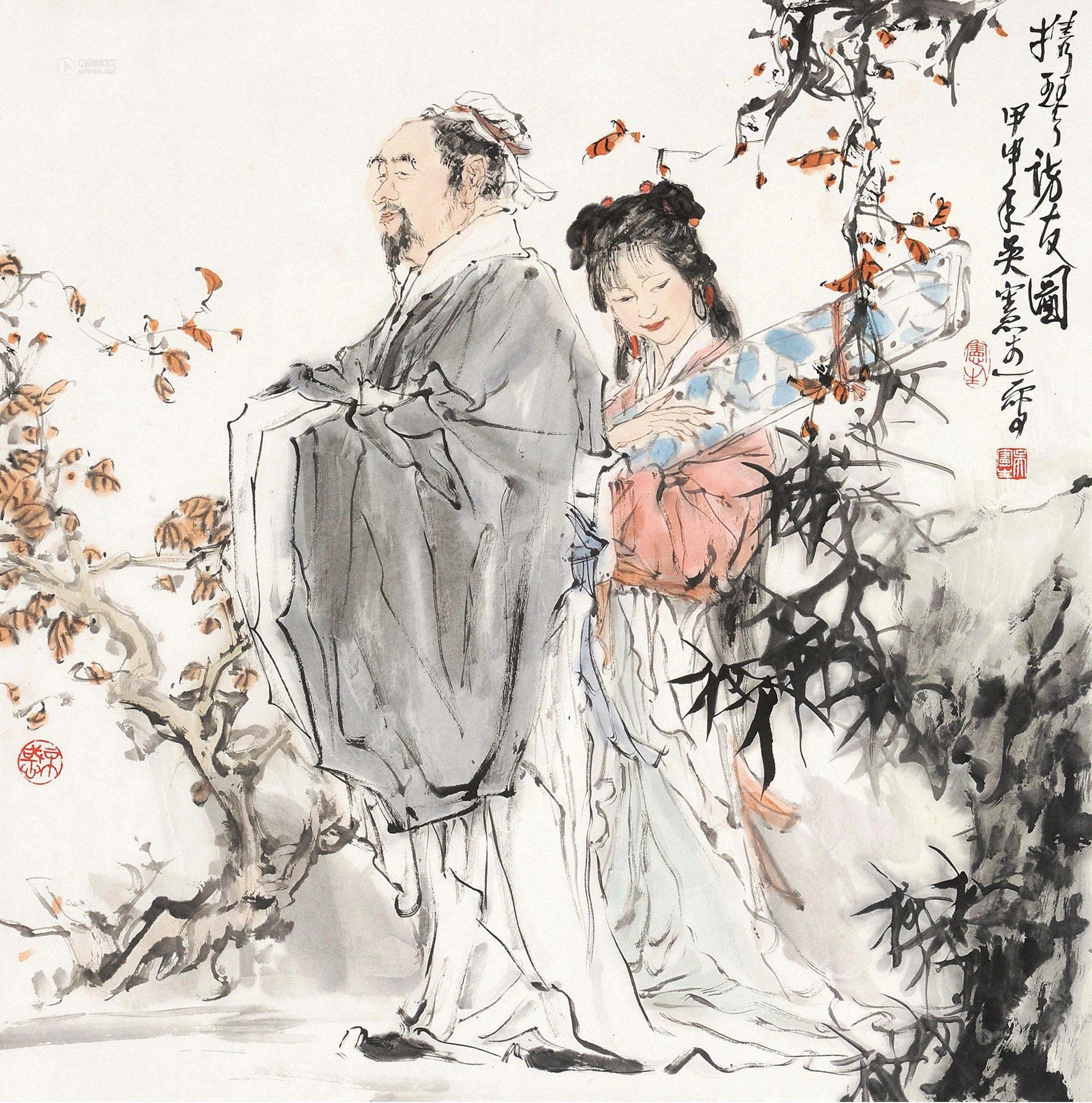 04322004年作携琴访友图镜片设色纸本