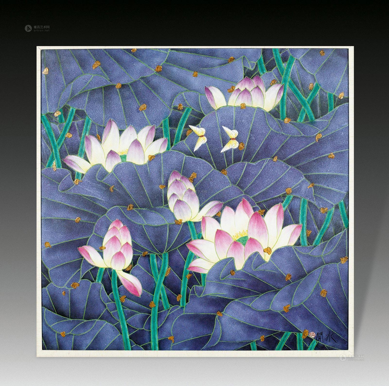 1354张文兵紫色的荷花釉上新彩刻花瓷板