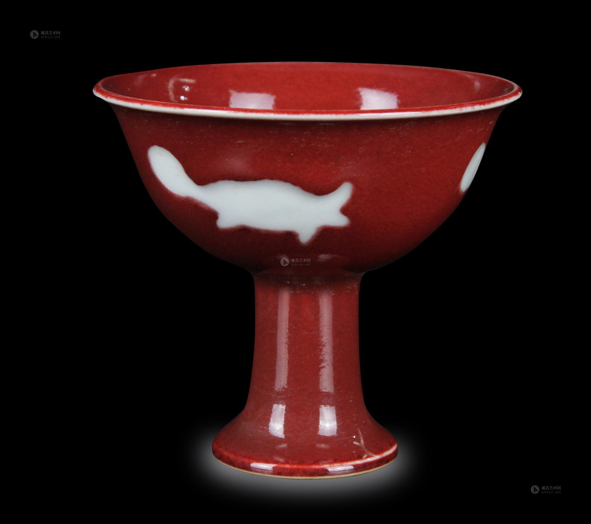 0422明宣德红釉三鱼纹高足杯