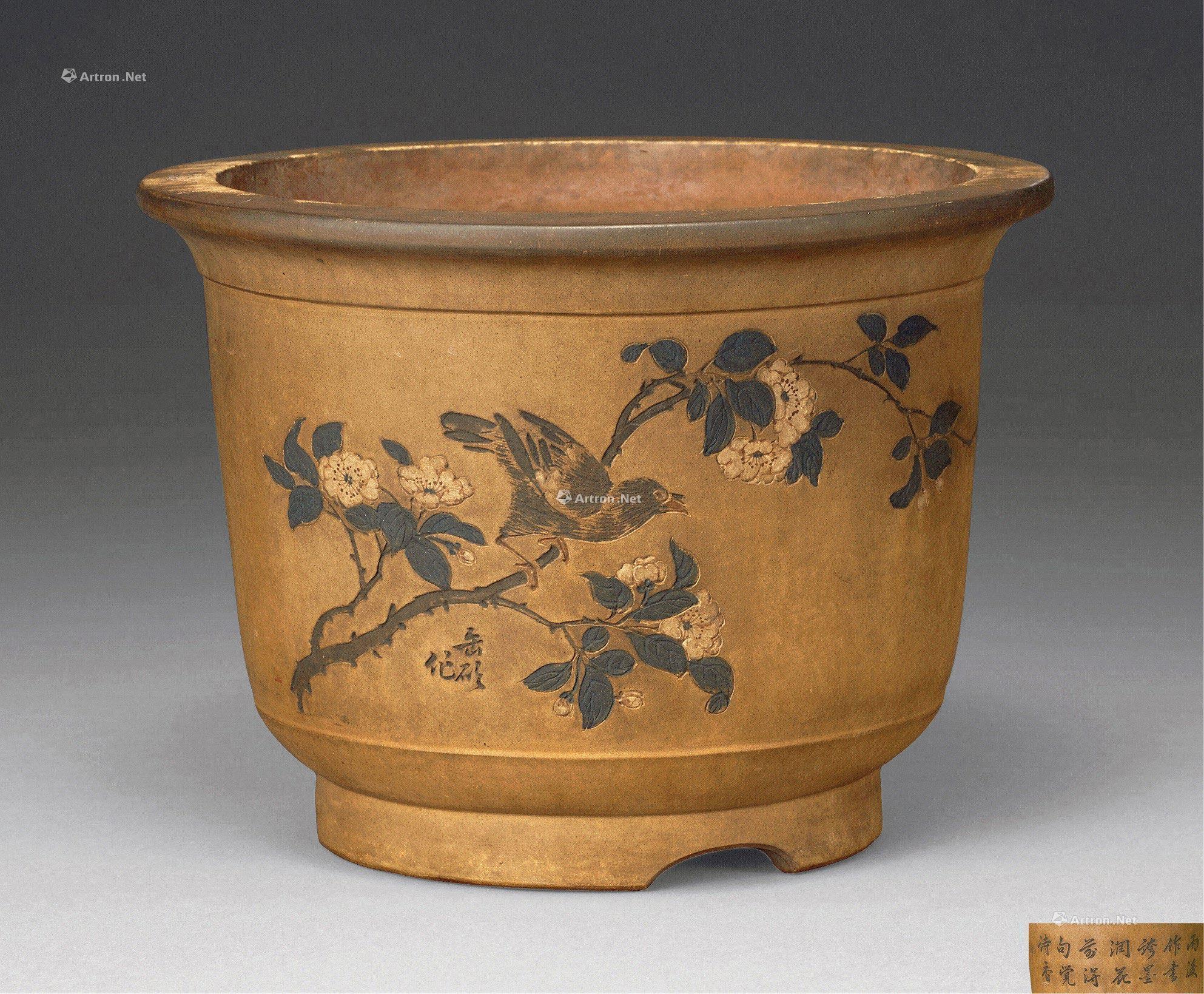 2019 清 紫砂刻花鸟诗文盆