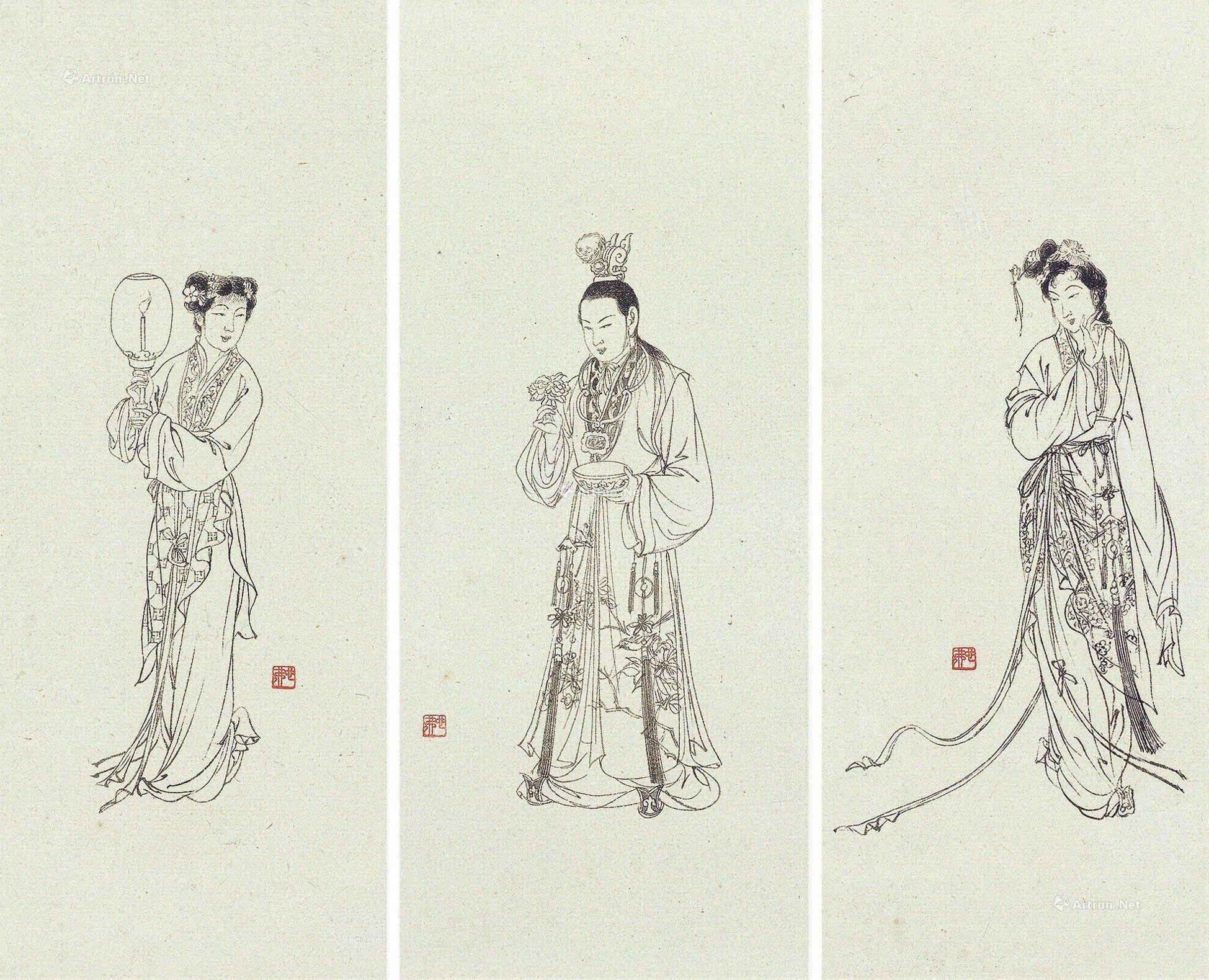 0583红楼人物白描镜框三开水墨纸本