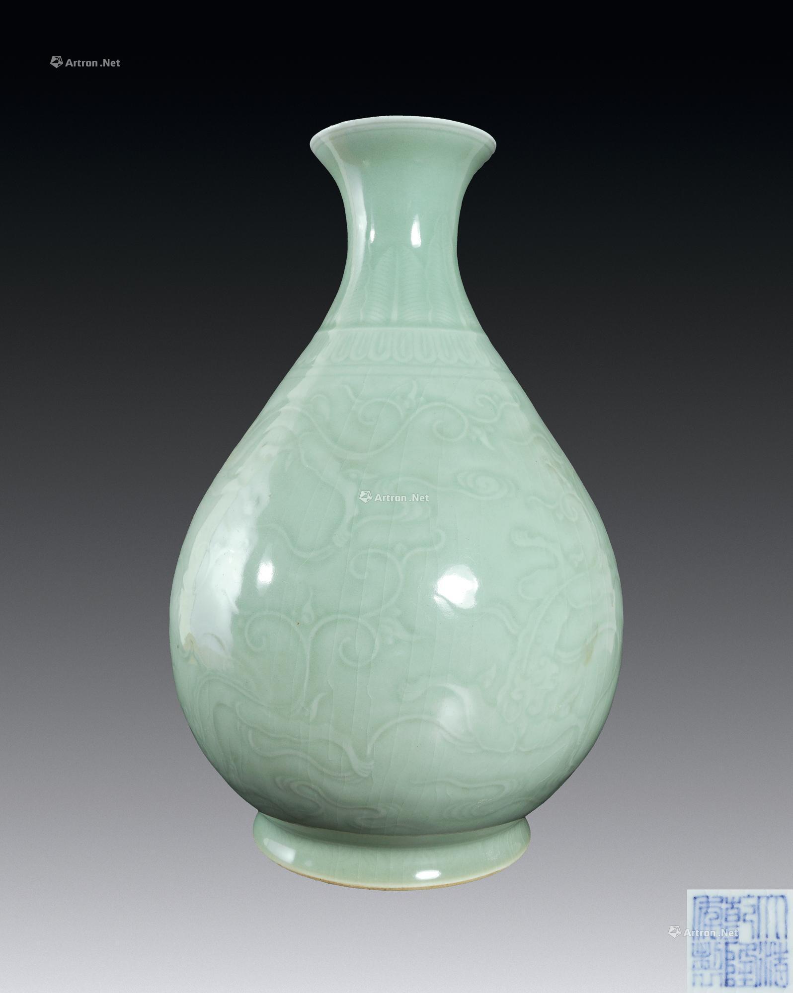 豆青釉划云龙纹玉壶春瓶】拍卖品_图片_价格_鉴赏_清代单色釉瓷器