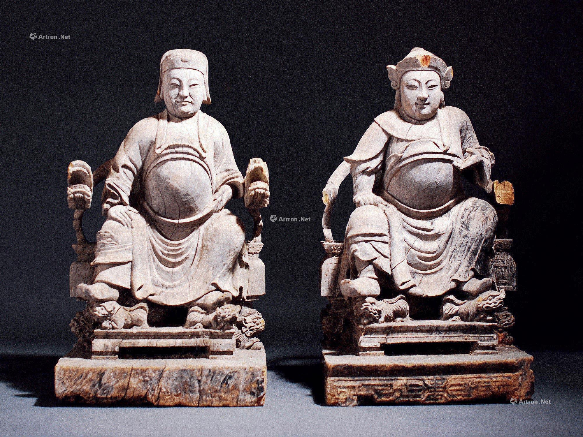 0673现代木雕文武官座像