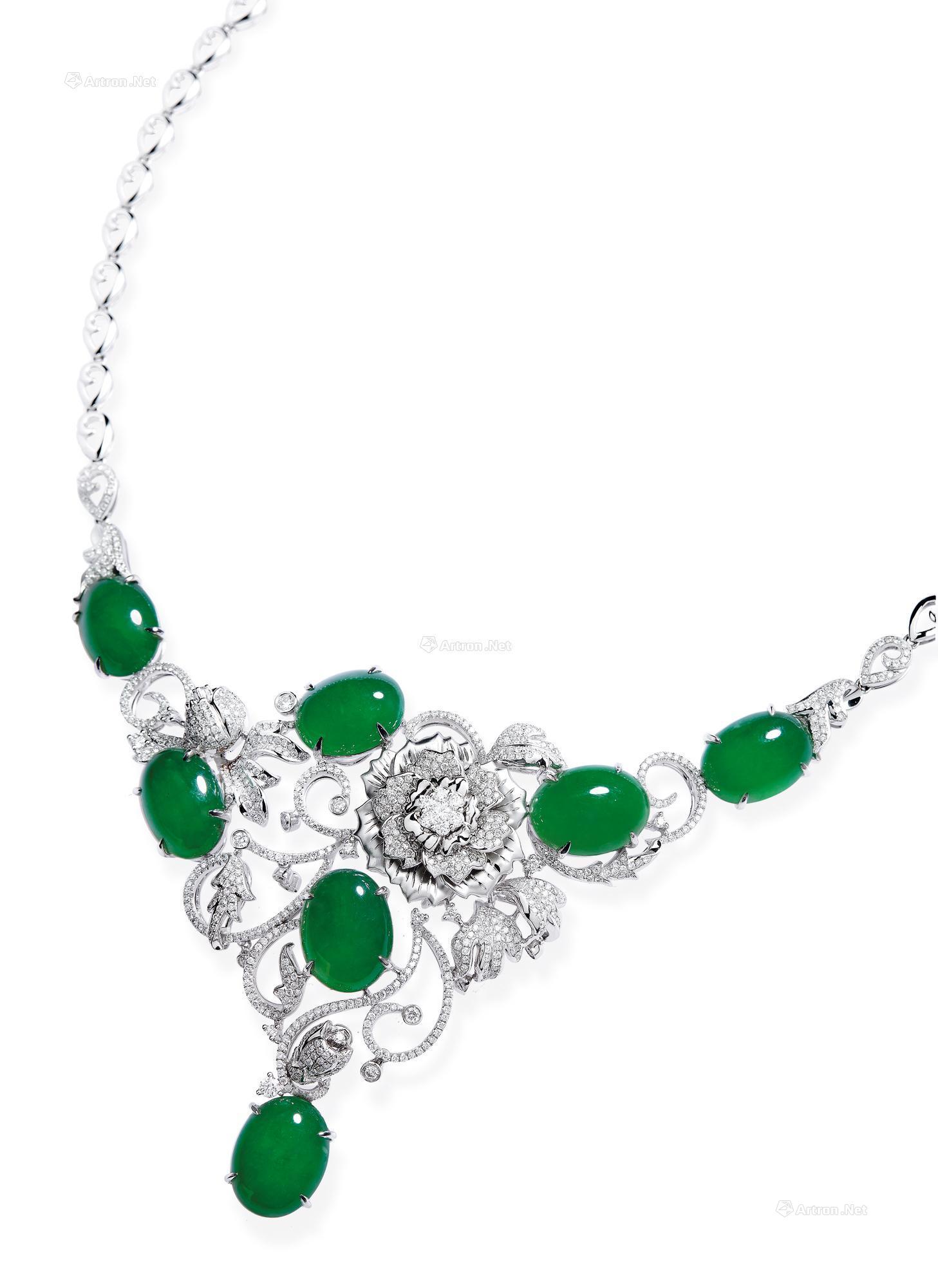 1624天然满绿翡翠蛋面配钻石项链