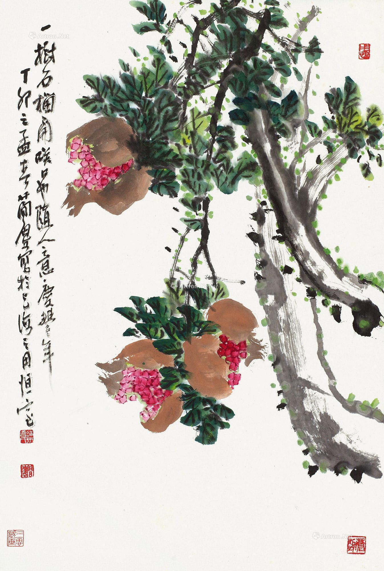 0305丁卯1987年作石榴图立轴设色纸本