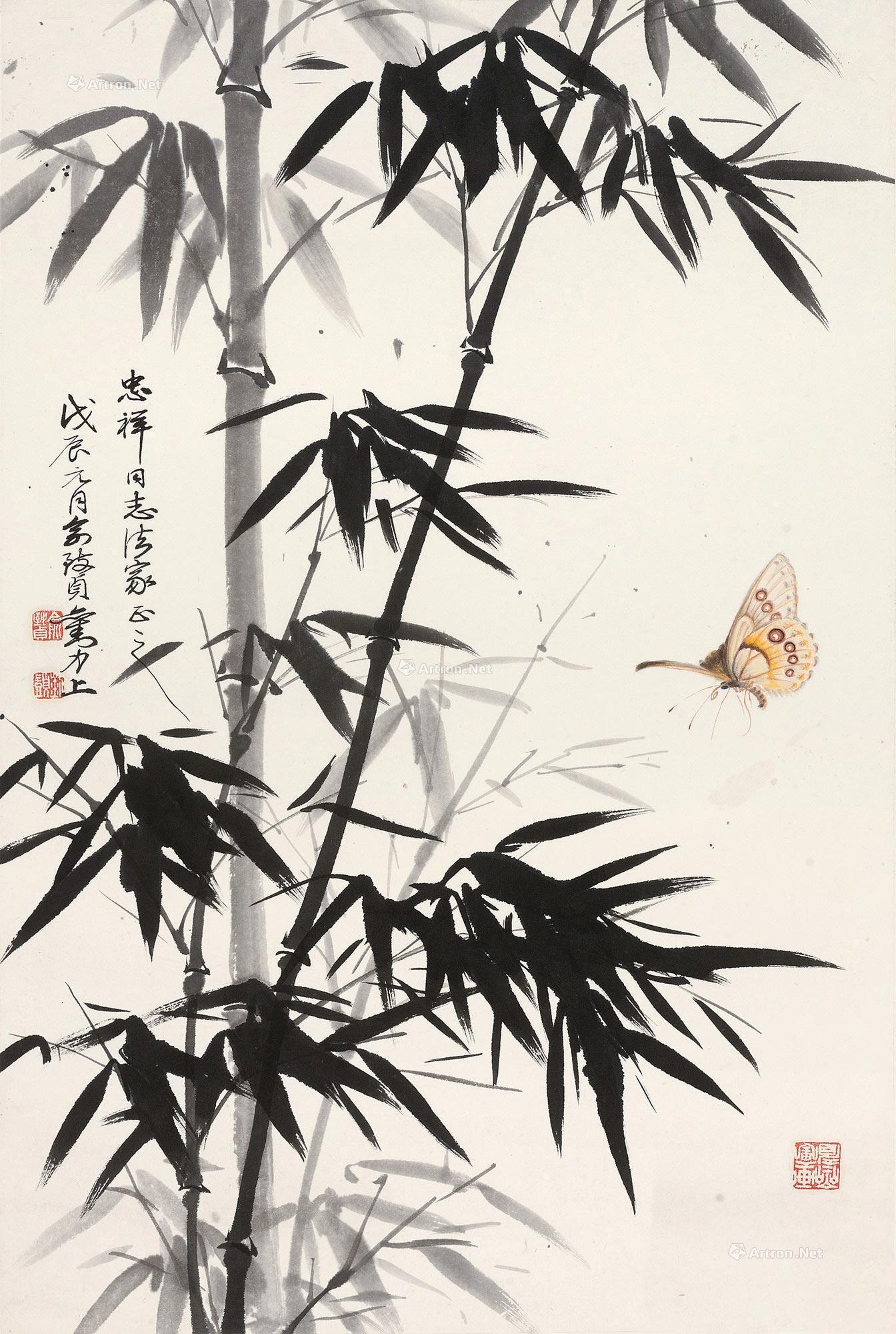 0164戊辰1988年作风竹舞蝶镜心纸本