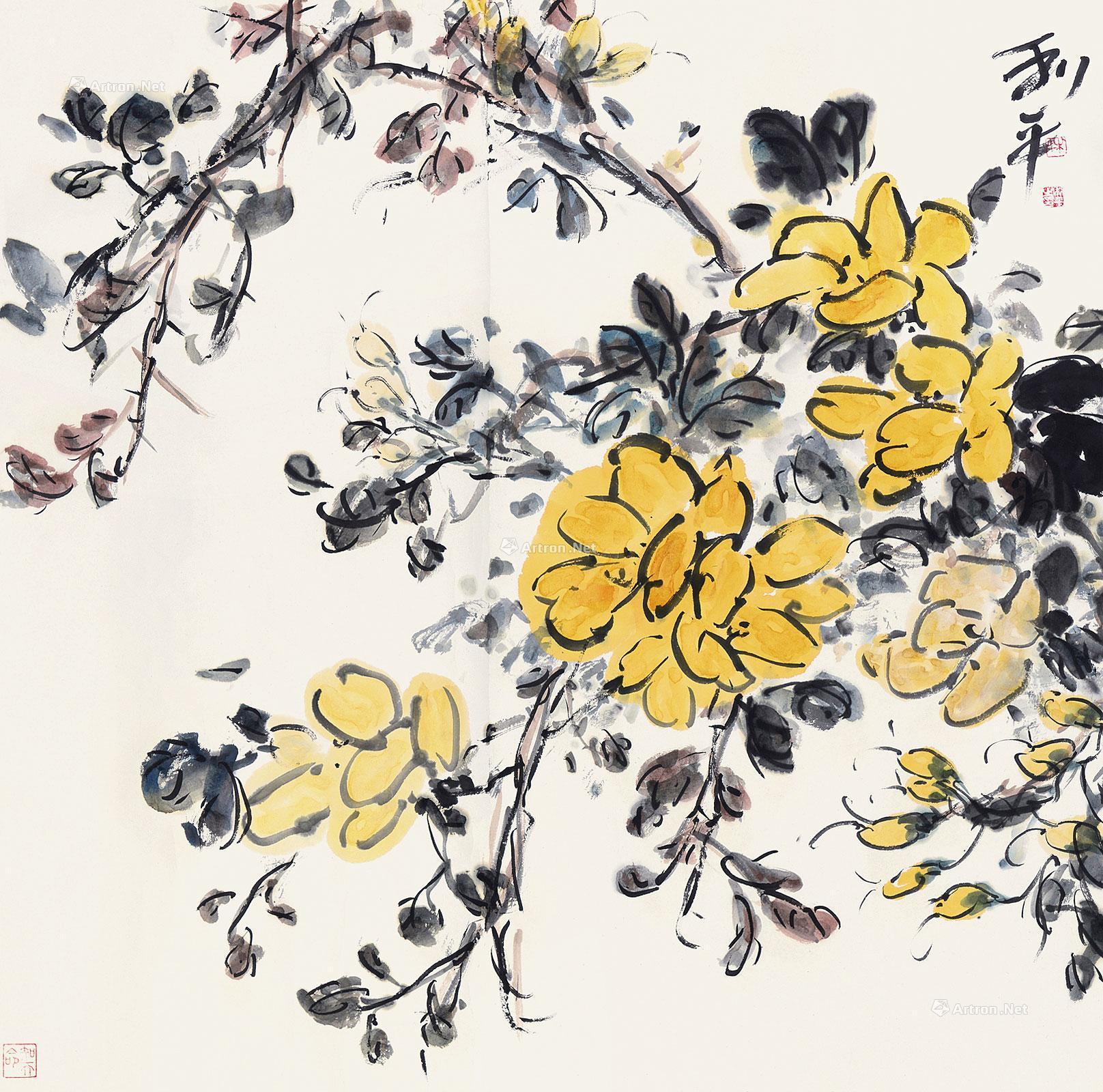 0072 蔷薇一架雨催诗 镜片 设色纸本