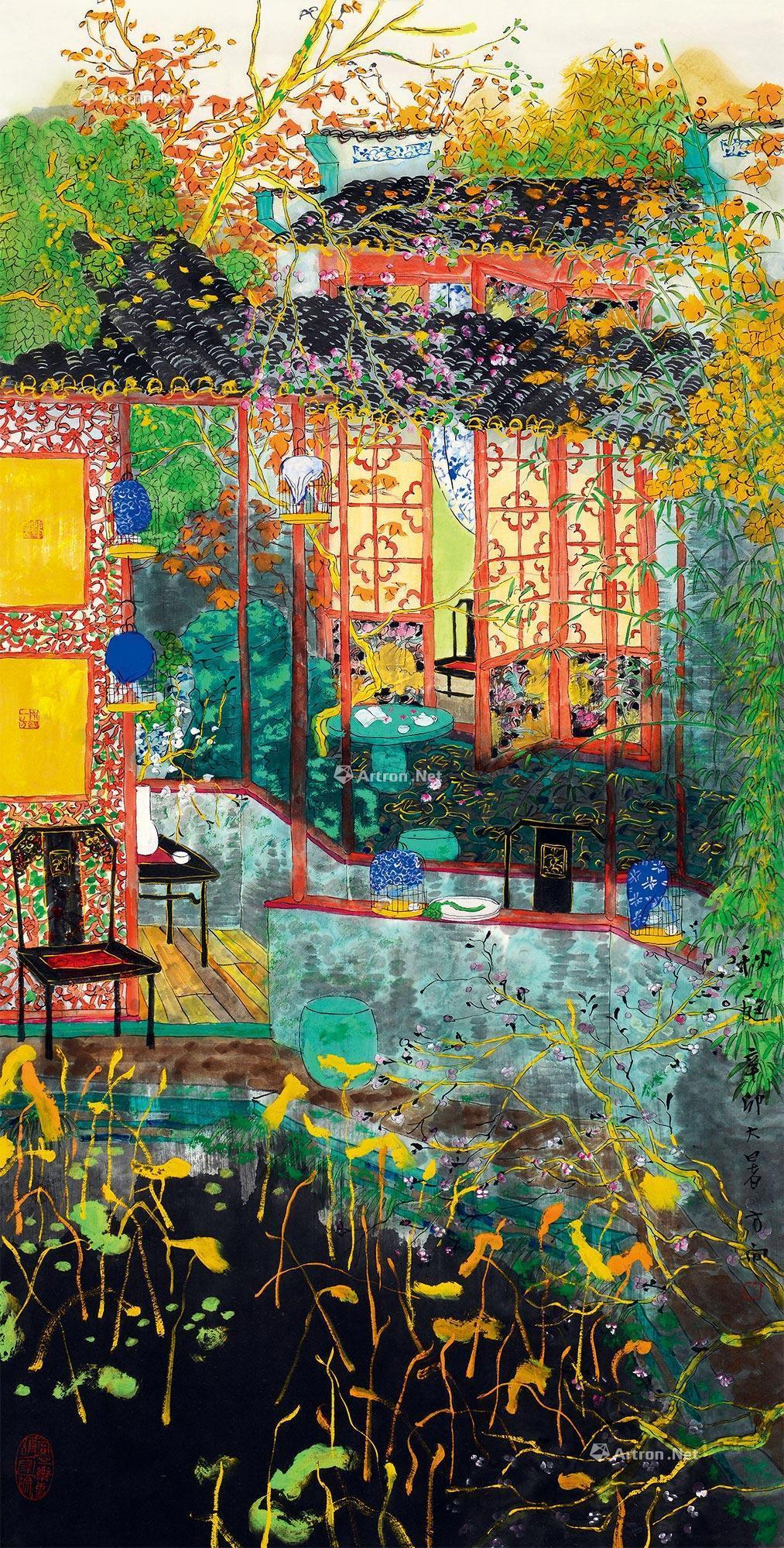 0114秋庭镜片设色纸本