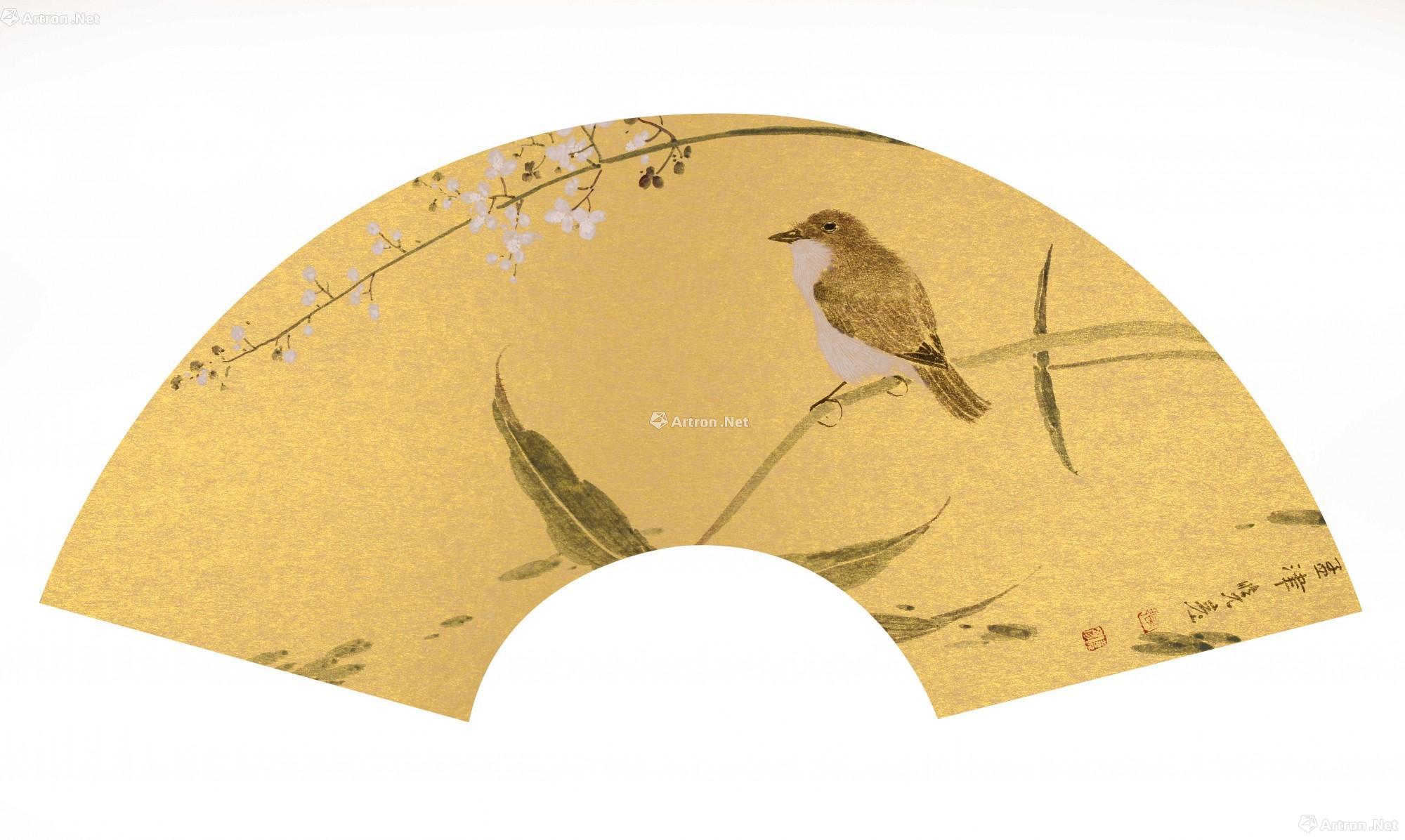 0200 小鸟枝头 扇面金卡 设色纸本