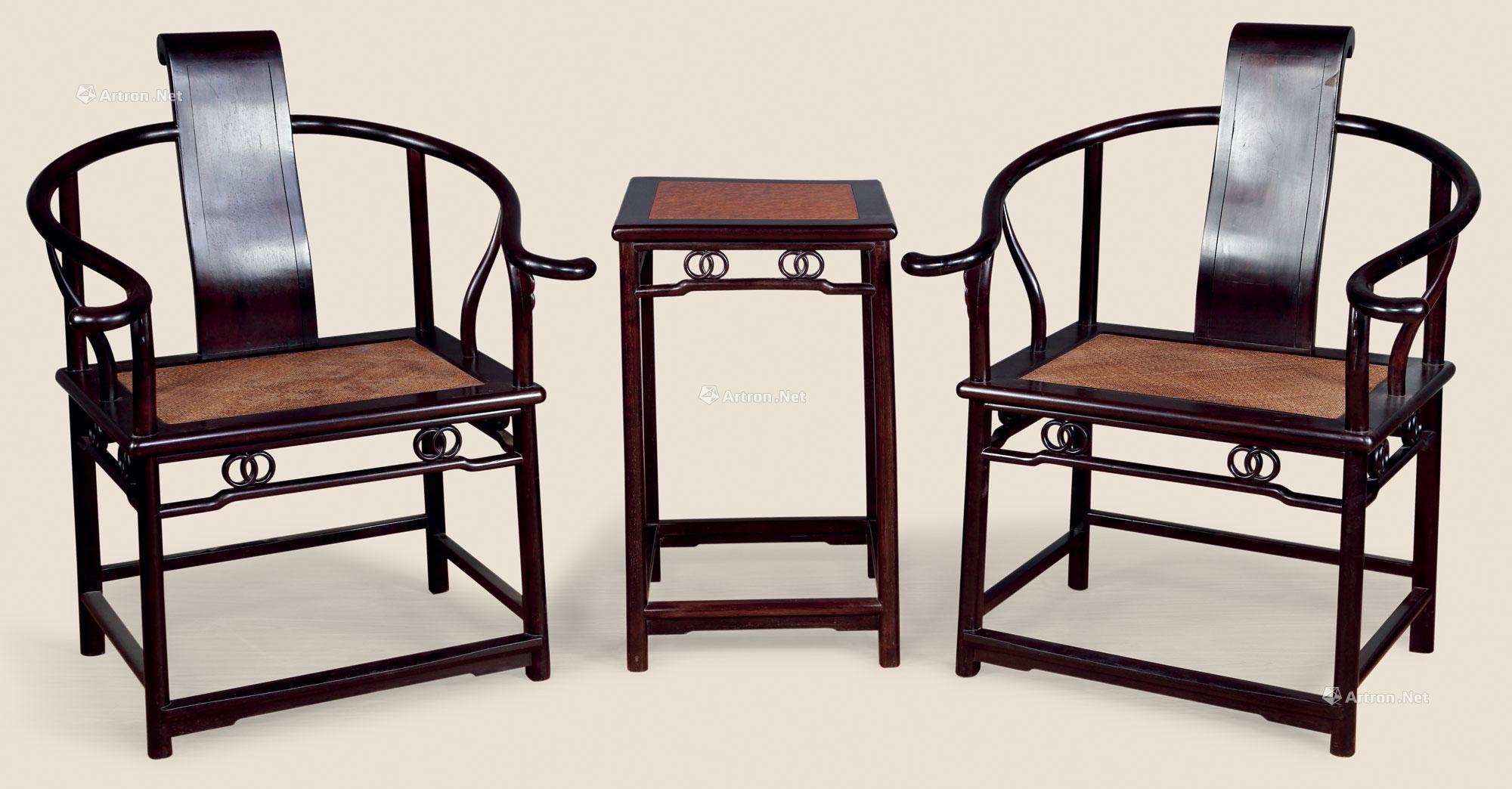 1644 近代 紫檀嵌影木书卷椅 (三件)