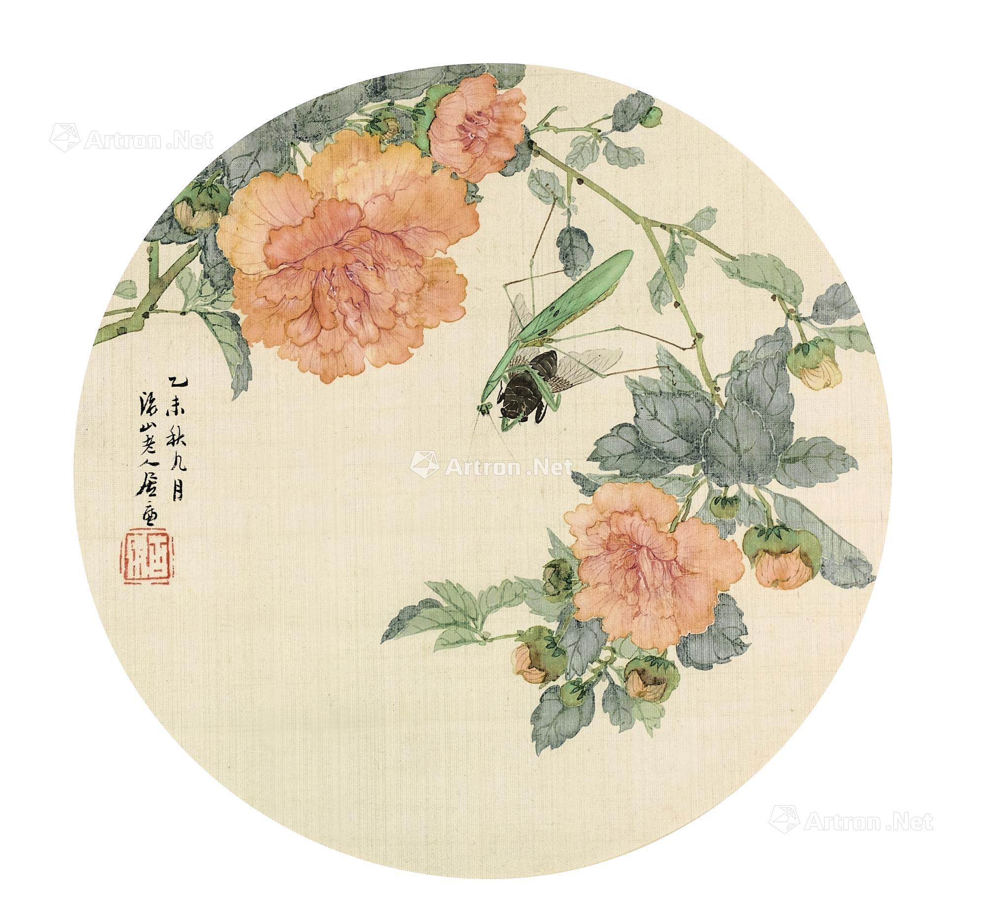 12621895年作螳螂捕蝉团扇面镜框设色绢本