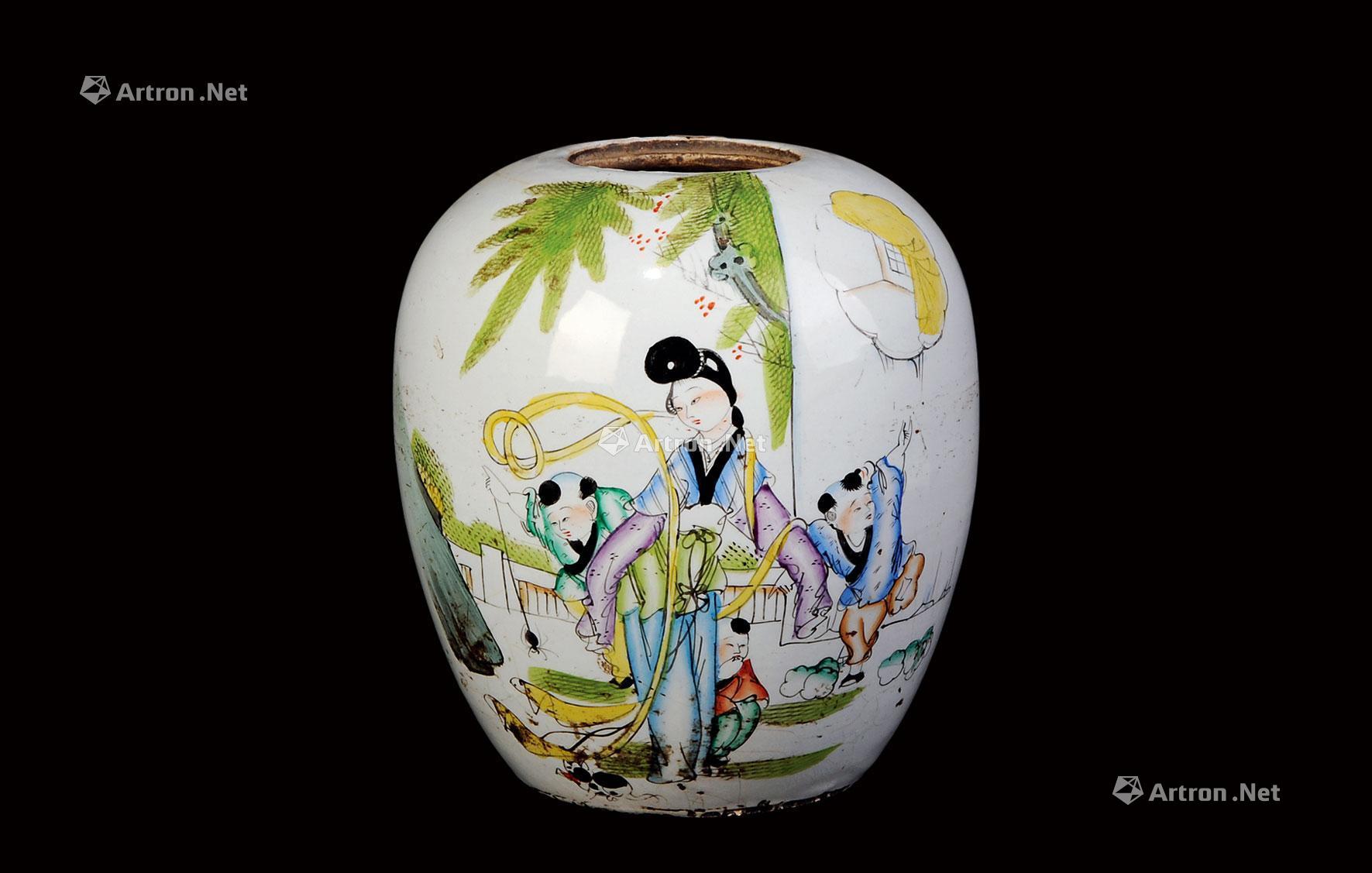 0262 民国 粉彩人物冬瓜罐