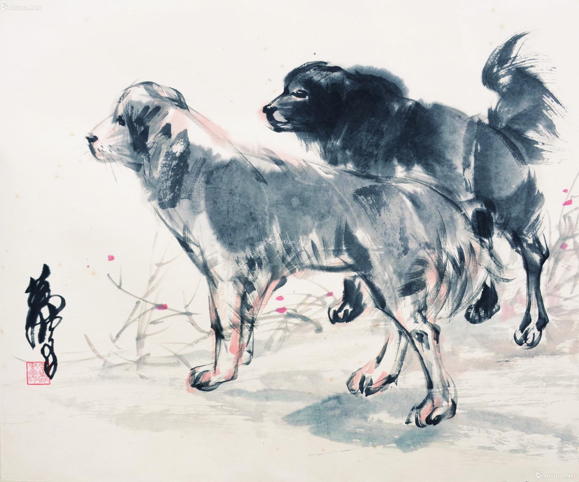 0047 双犬图 水墨纸本