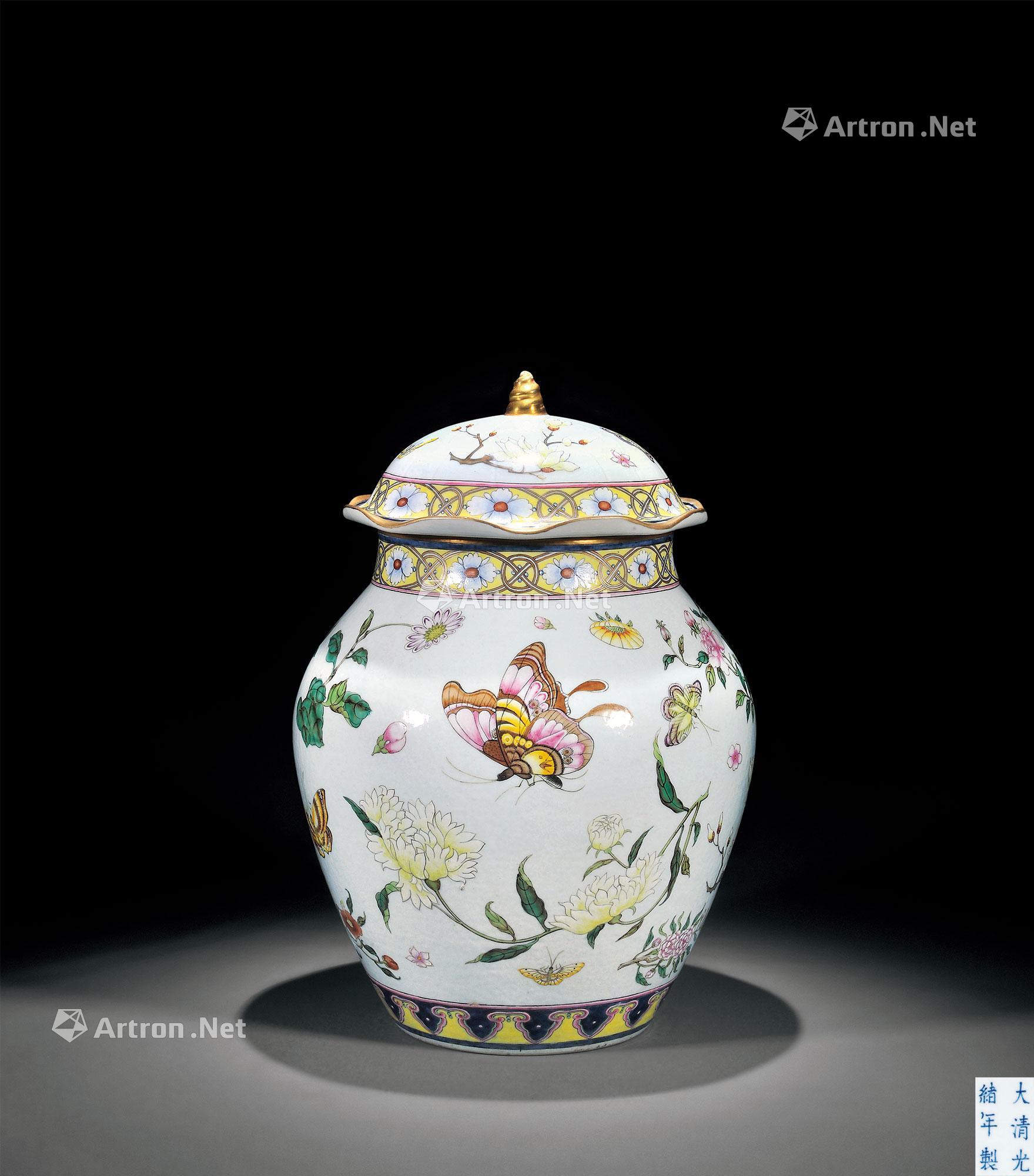 【清光绪 洋彩花蝶纹荷叶盖罐】拍卖品_图片_价格_鉴赏_清代粉彩瓷器