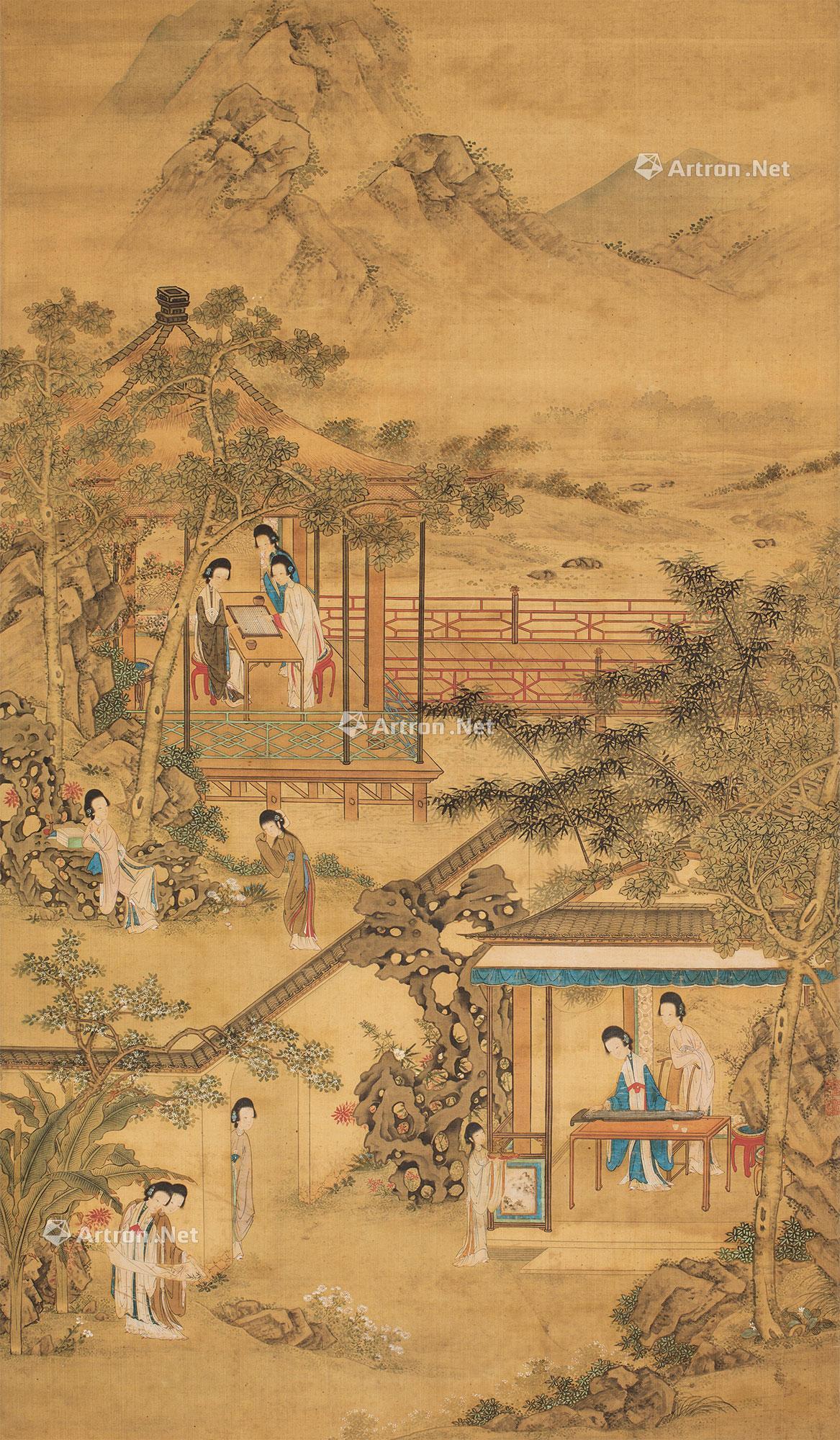 0148琴棋书画图立轴设色绢本