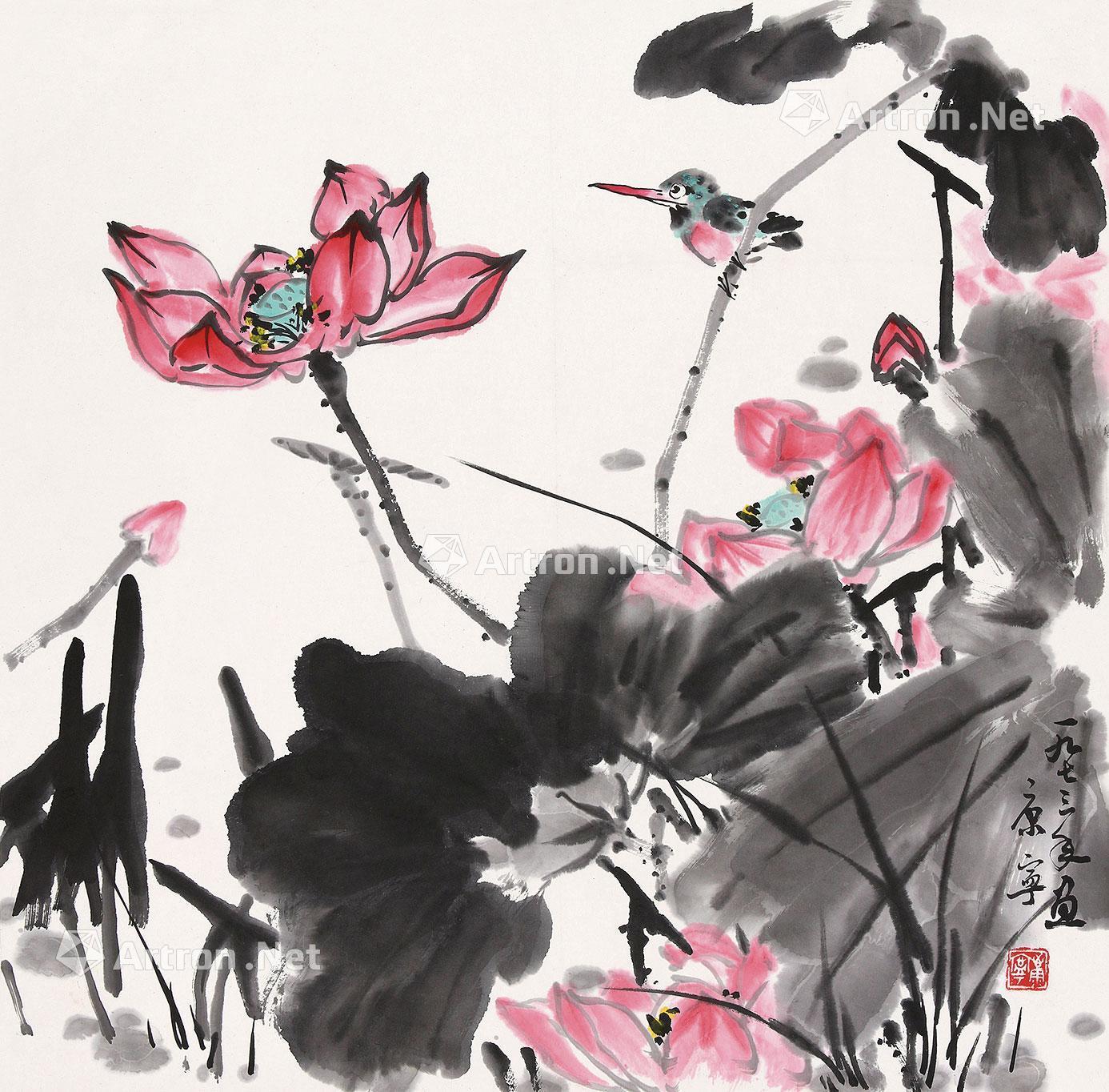 0033 荷花翠鸟 镜心 设色纸本