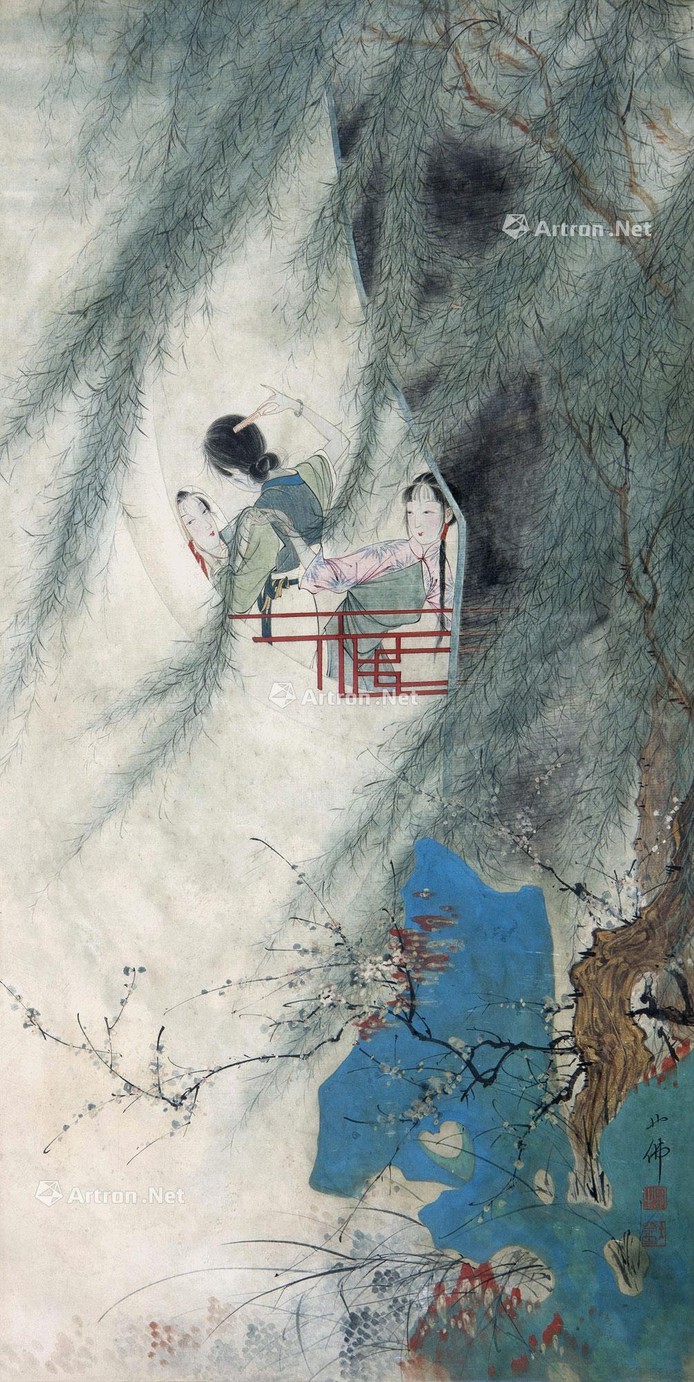 0475对镜梳妆镜心设色纸本