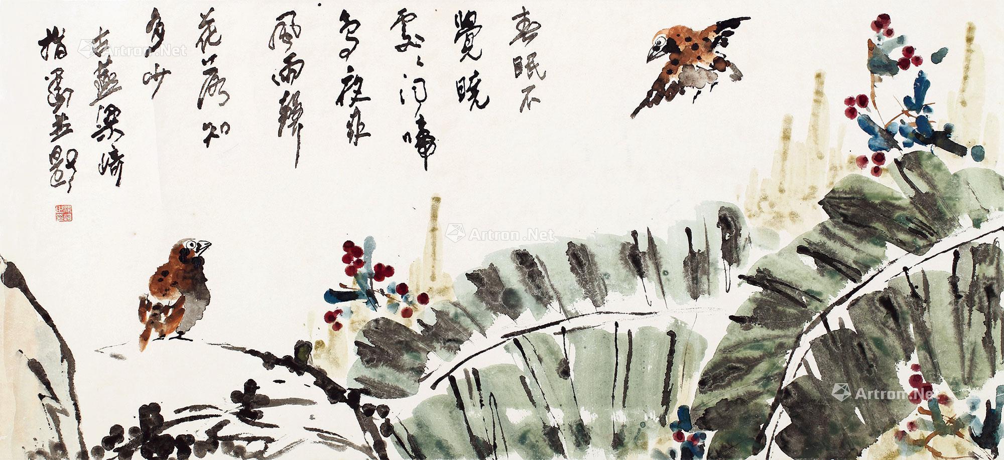 0345春眠不觉晓镜片设色纸本