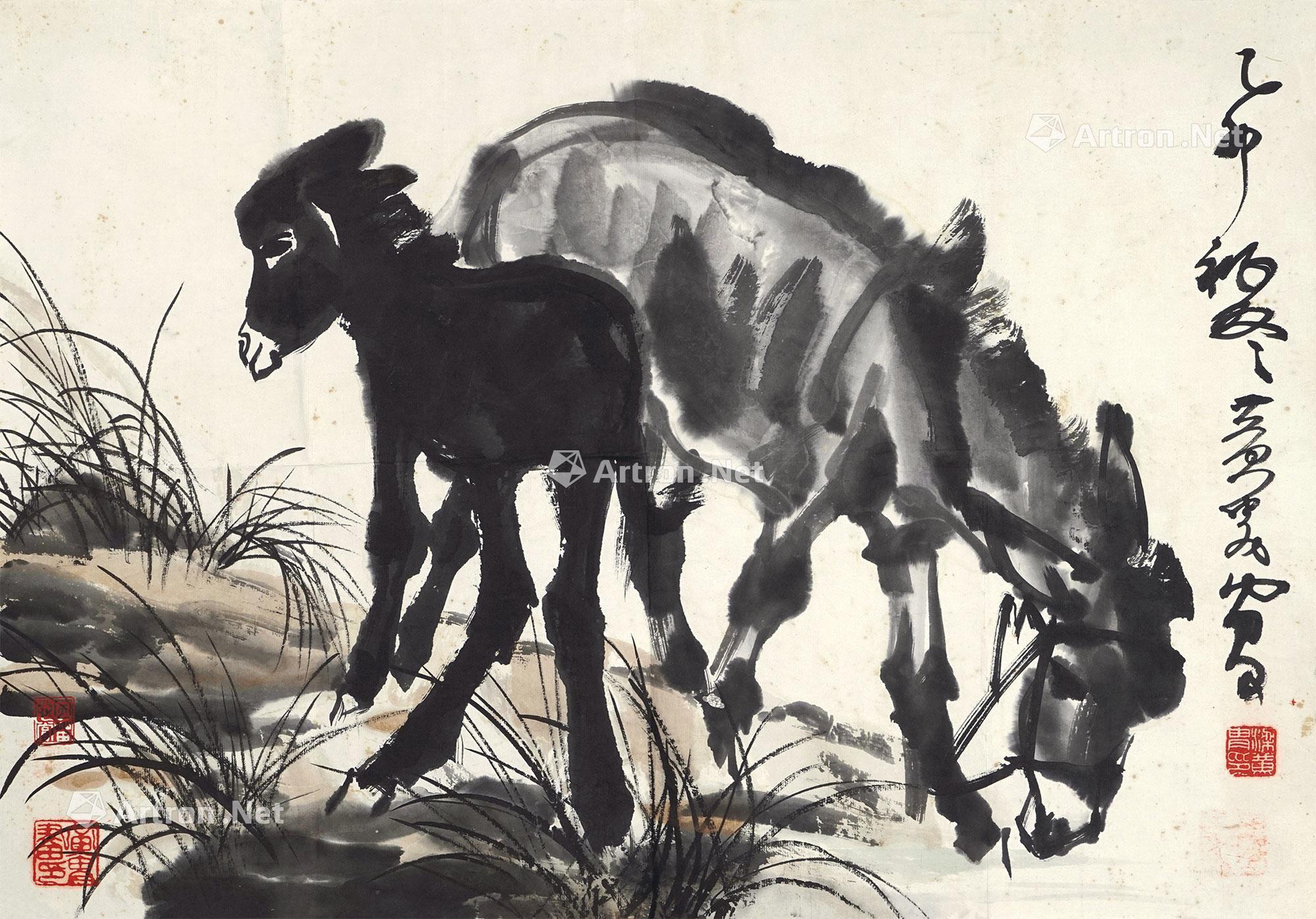 2031 1975年作 双驴图 镜心 设色纸本