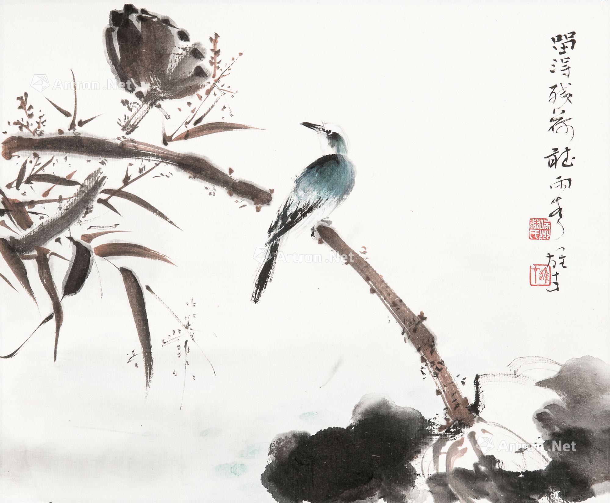 0193留得残荷听雨声镜心设色纸本