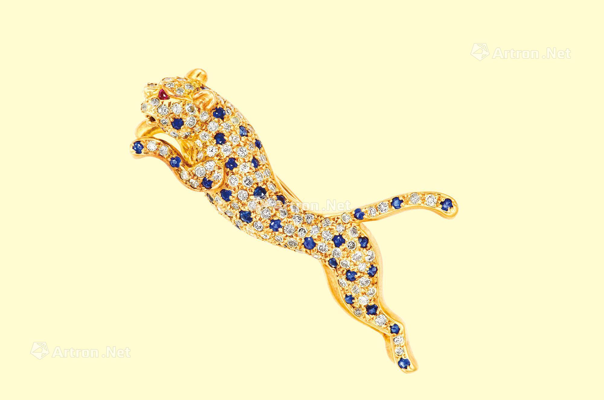 0356 蓝色蓝宝石 红宝石 钻石 黄金美洲豹形胸针