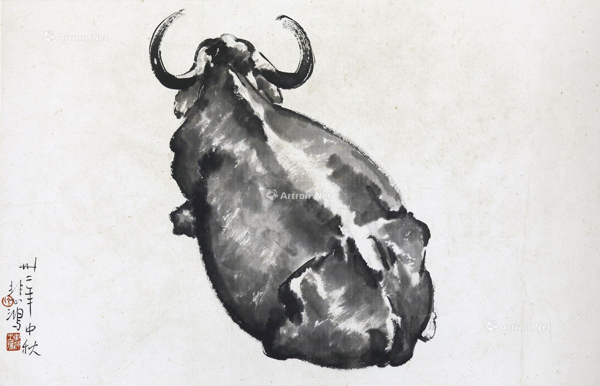 08401943年作卧牛图镜框纸本水墨