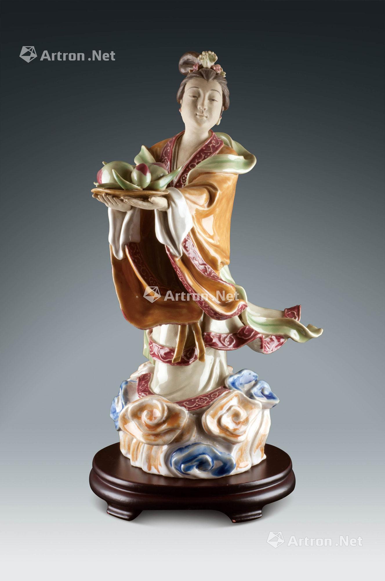 0185 当代 霍然均制(广东省级美术大师) 麻姑献寿像(原作)(附底座)