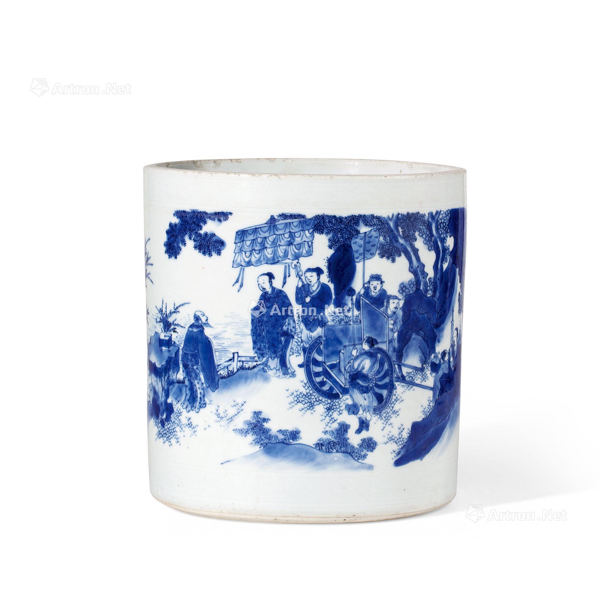 0264明崇祯青花周文王访贤图笔筒