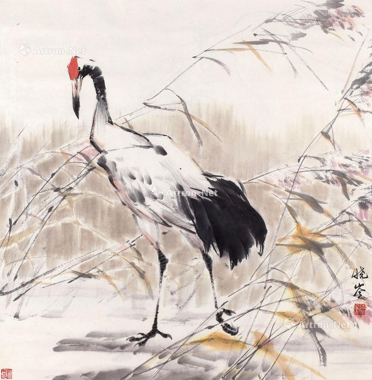 0436仙鹤镜框设色纸本