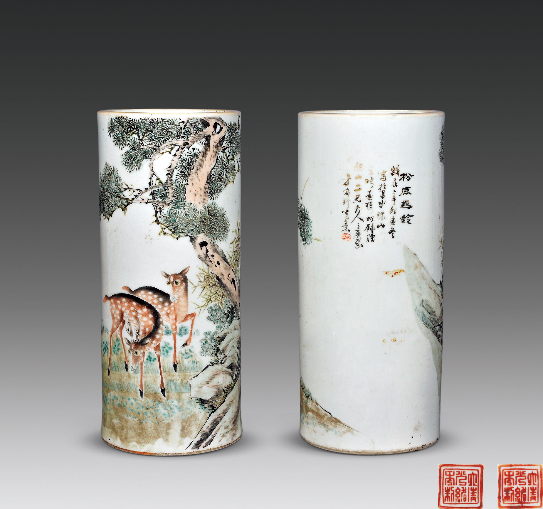 2107清光绪十七年1891年作方家珍绘浅绛彩松鹿遐龄图帽筒一对