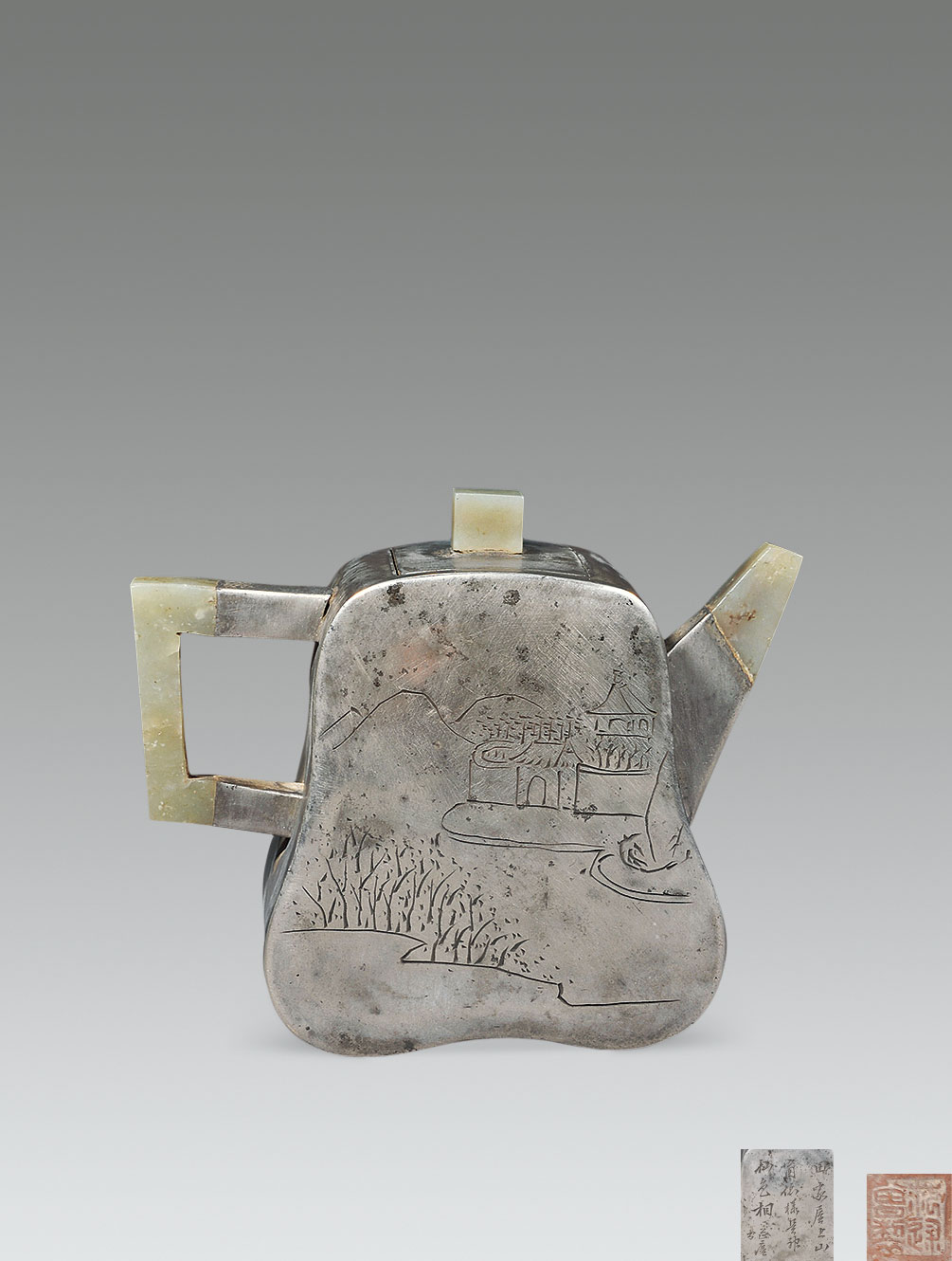 2813清范禄曾款紫砂胎包锡三镶玉山水人物诗文壶