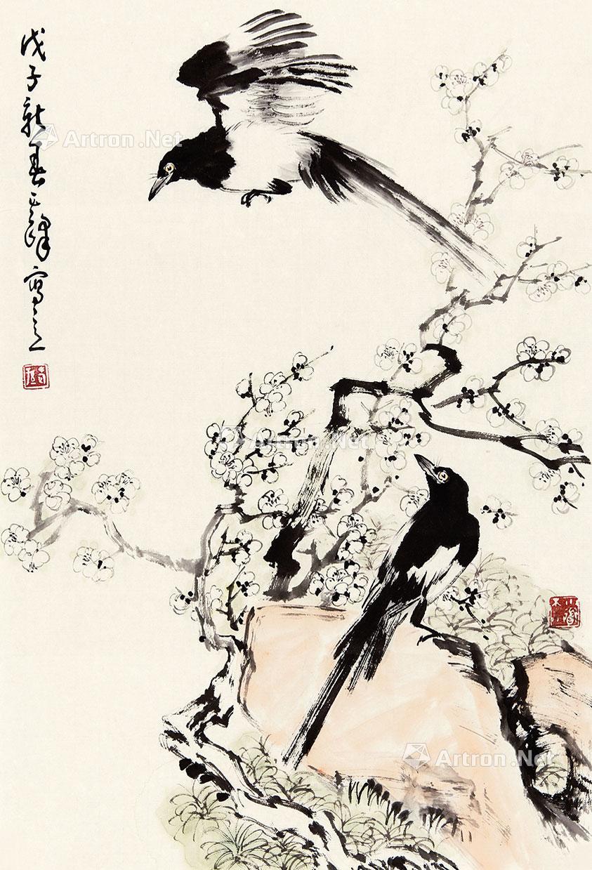 05052008年作白梅喜鹊镜片设色纸本