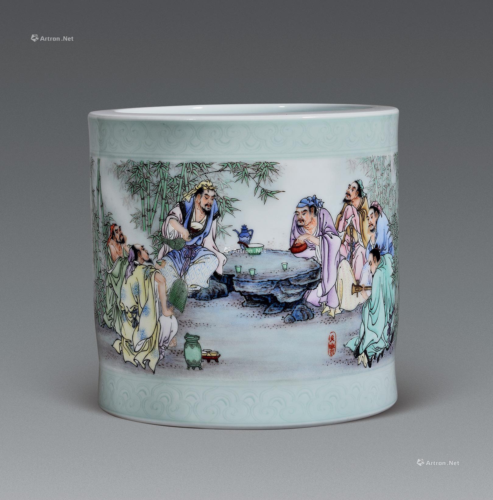 22112014年甲午年江振声竹林七贤61粉彩笔筒